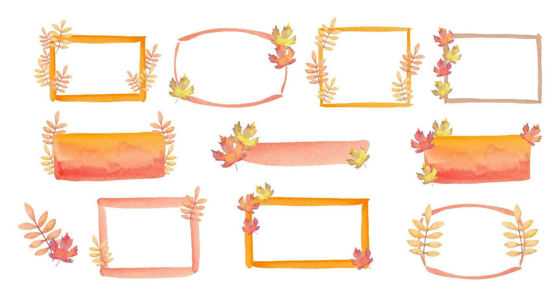 A collection of frames of different shapes made of watercolor spots, stripes with maple leaves. Abstract botanical illustration. Clipart for seasonal holiday design.Thanksgiving.Hand drawn isolated. vector