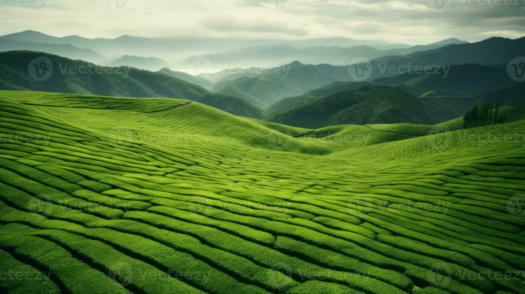 ai generado verde té plantación, parte superior ver textura foto