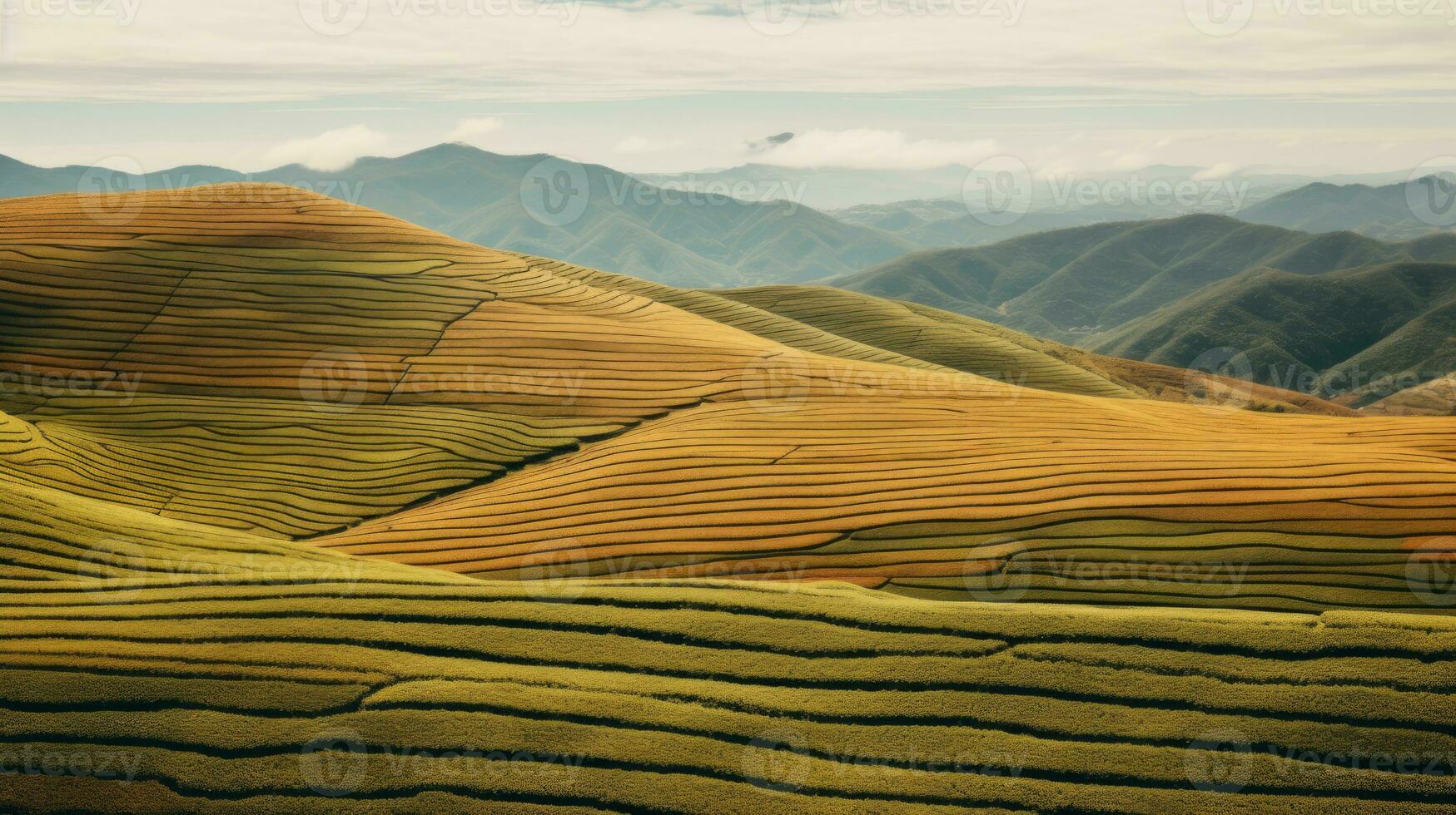 AI generated Green tea plantation, top view texture photo