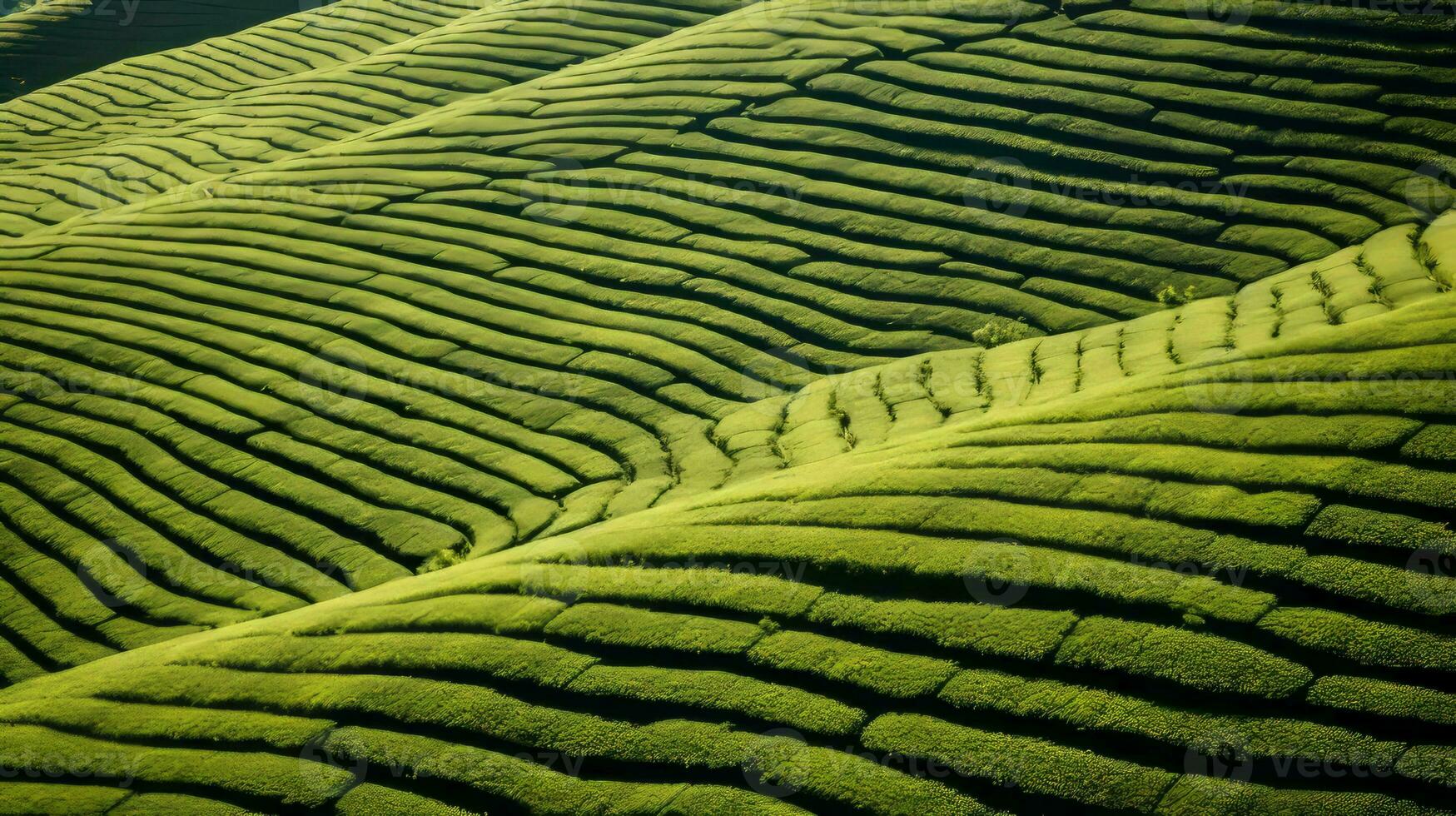 AI generated Green tea plantation, top view texture photo