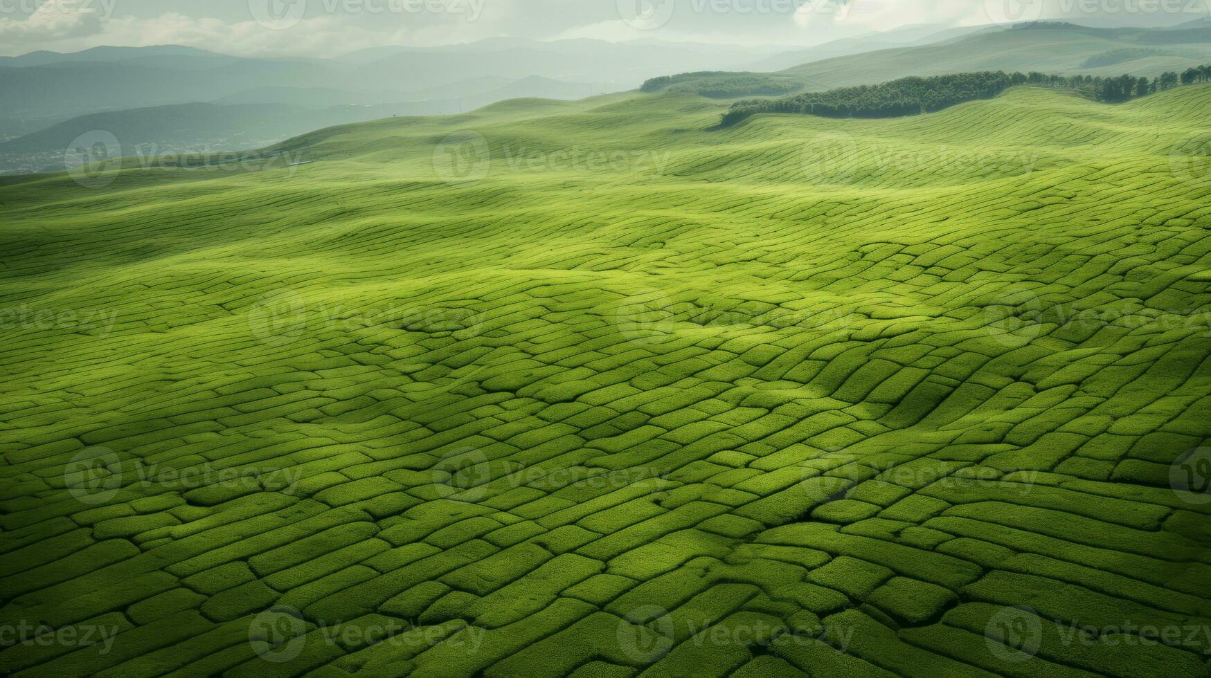 AI generated Green tea plantation, top view texture photo