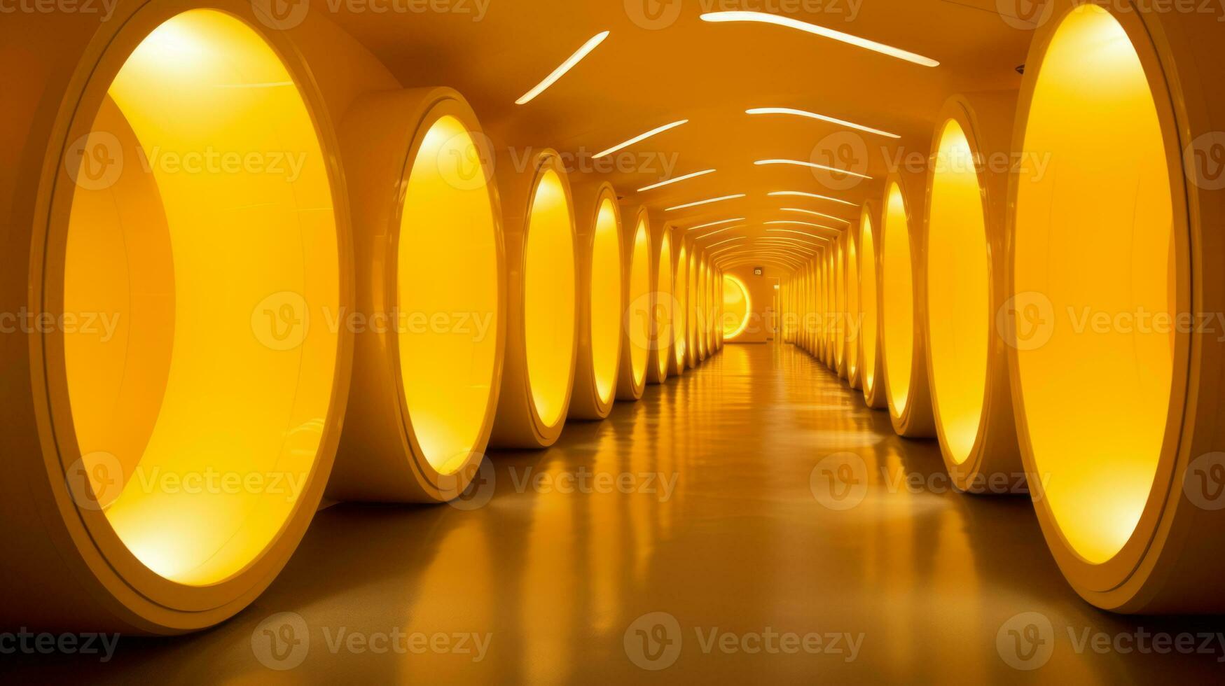 AI generated Empty yellow  tunnel. Technology futuristic background. photo