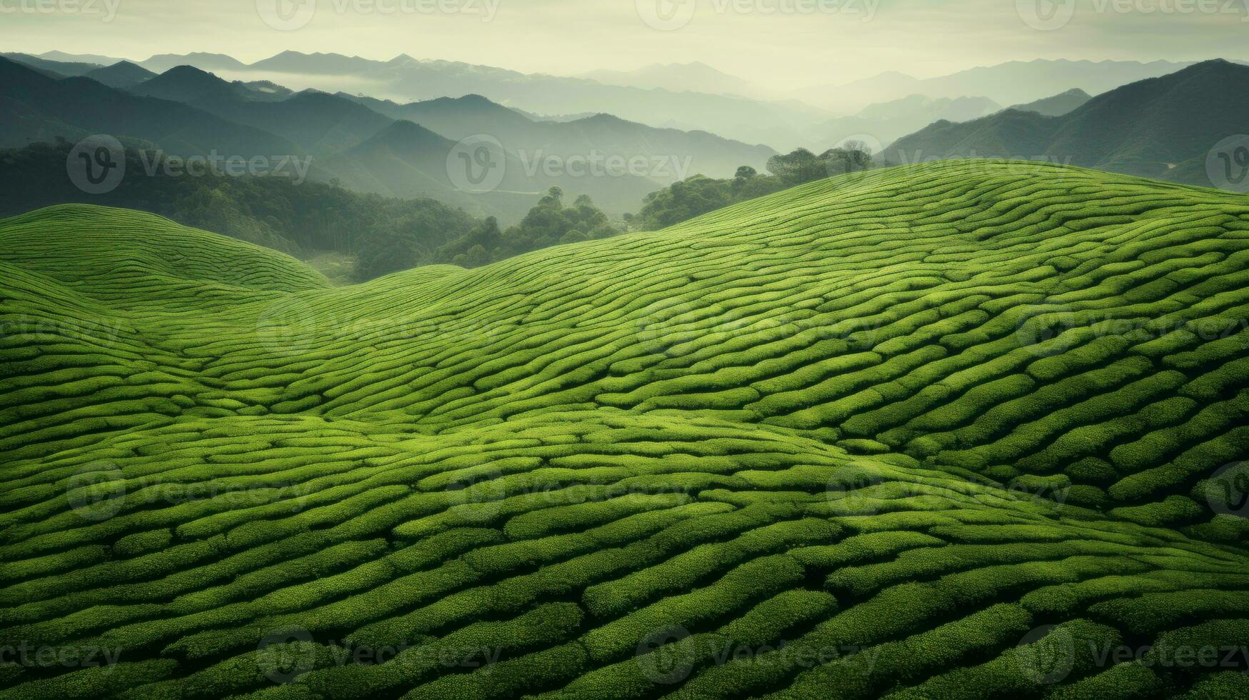 AI generated Green tea plantation, top view texture photo