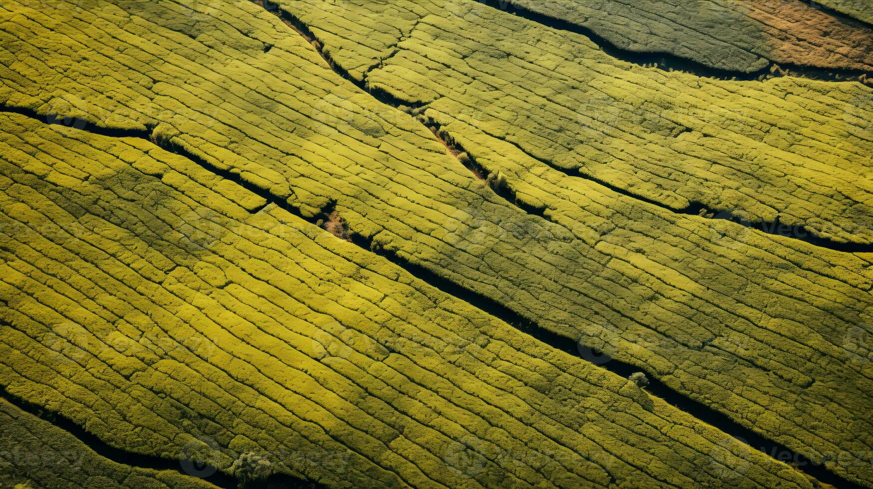 AI generated Green tea plantation, top view texture photo