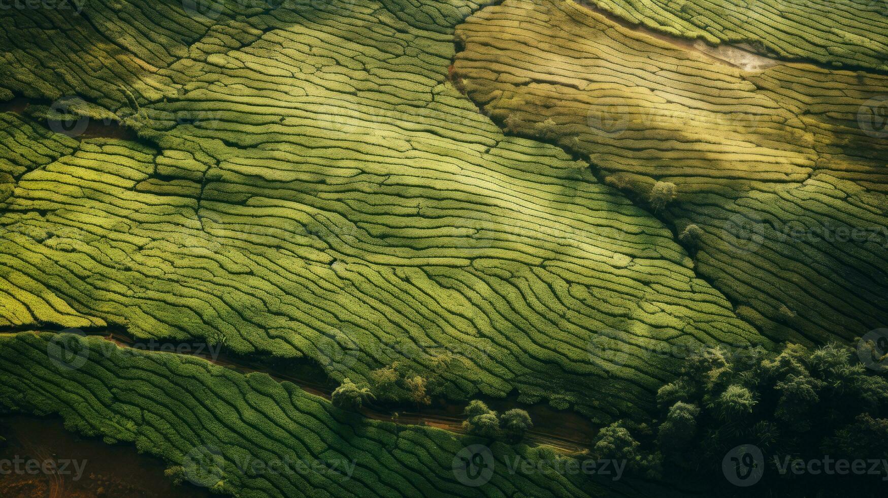 AI generated Green tea plantation, top view texture photo