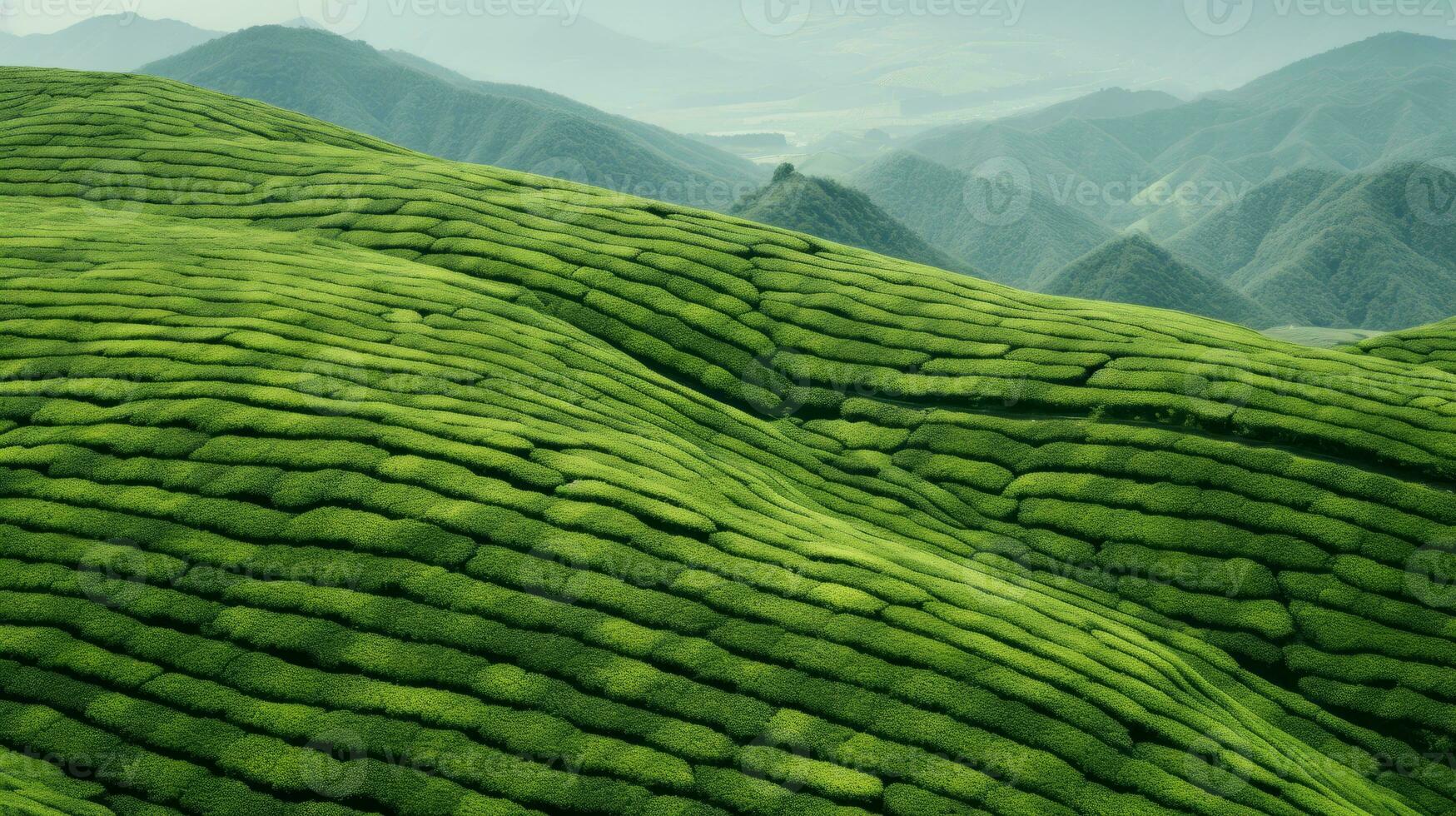 ai generado verde té plantación, parte superior ver textura foto