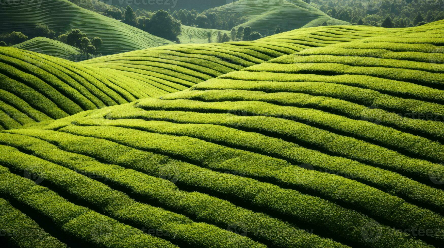 AI generated Green tea plantation, top view texture photo