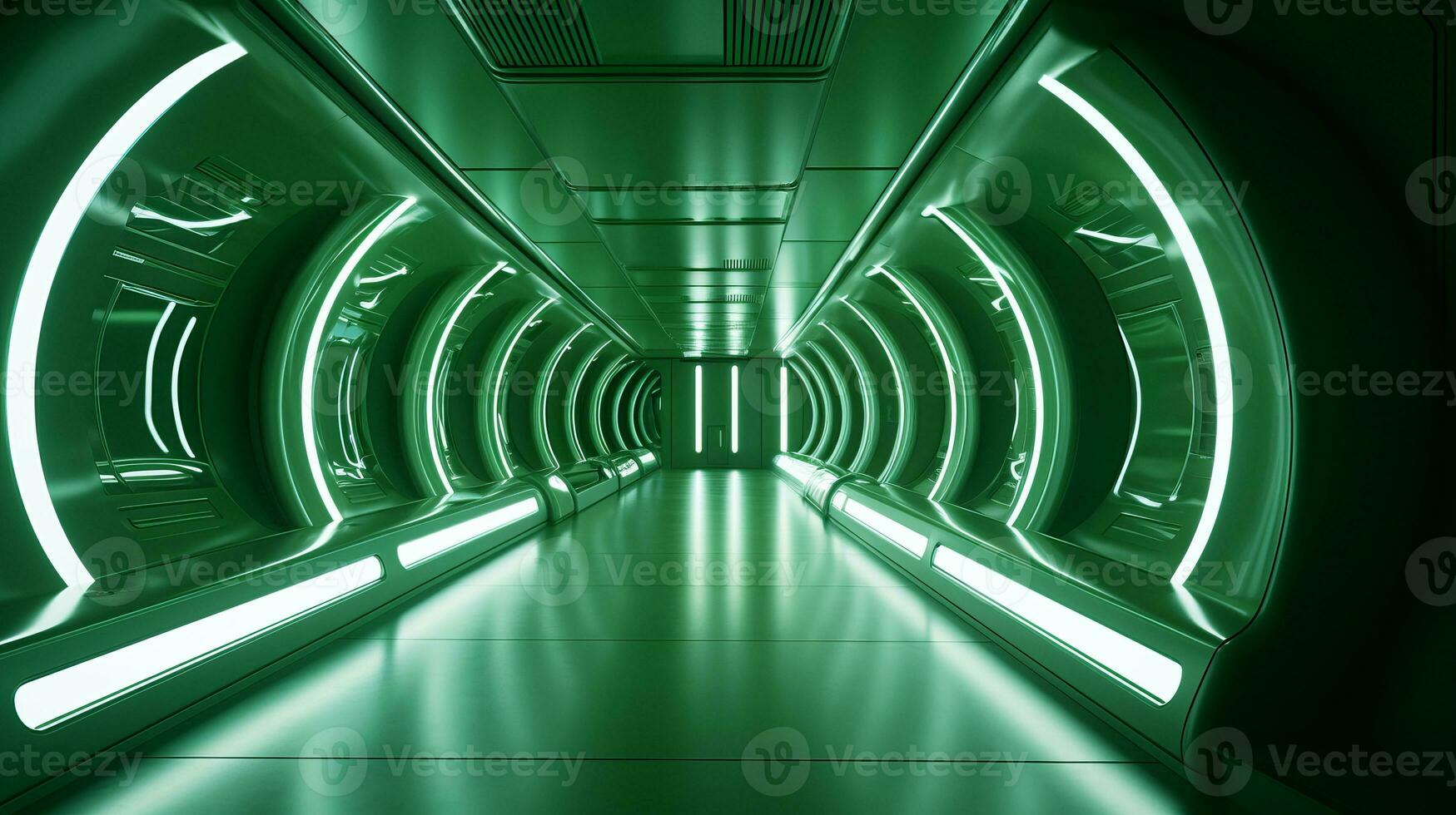 AI generated Empty green futuristic tunnel. Technology Design. photo