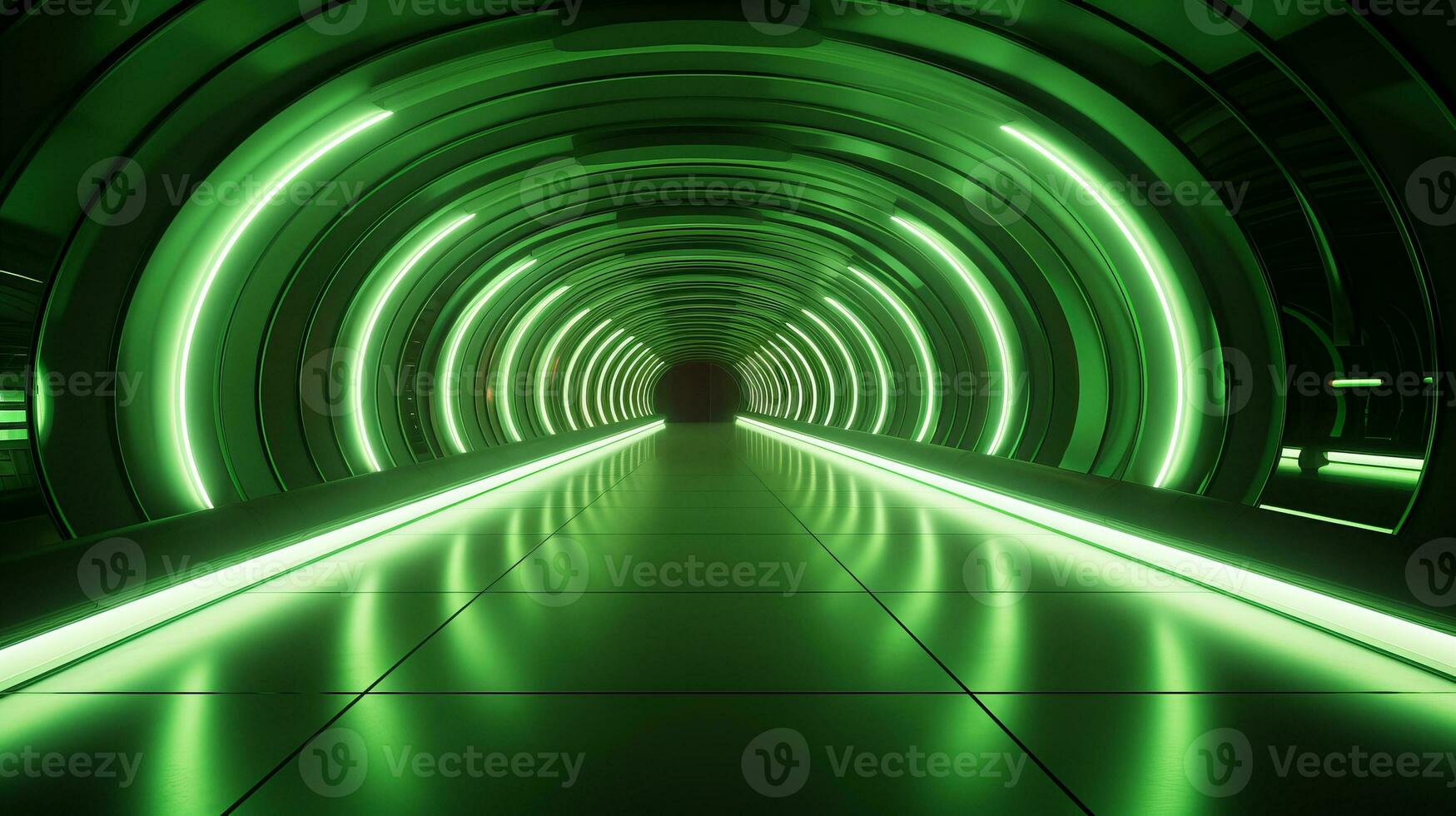 AI generated Empty green futuristic tunnel. Technology Design. photo