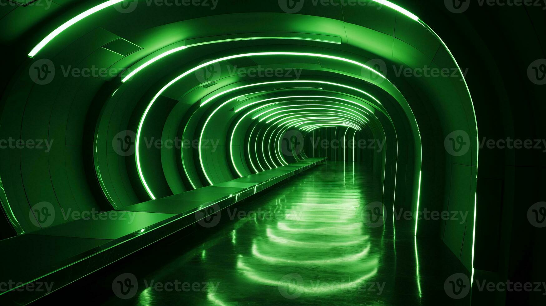AI generated Empty green futuristic tunnel. Technology Design. photo