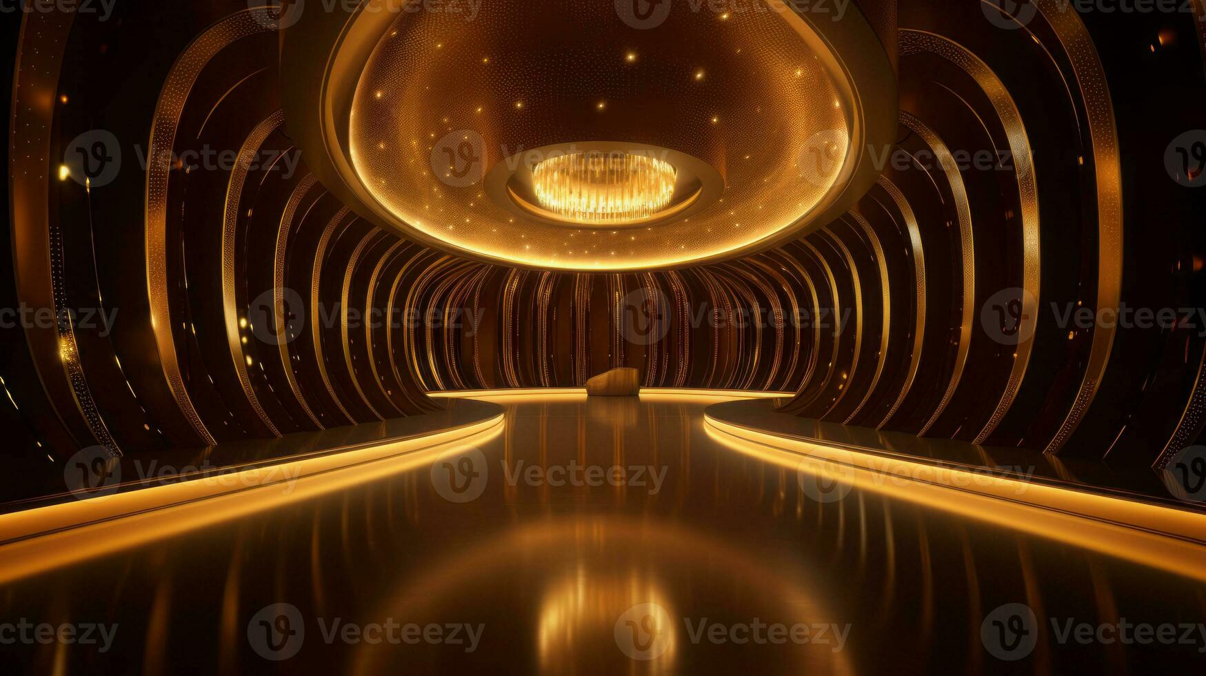 AI generated Empty gold futuristic tunnel. Technology Design. photo