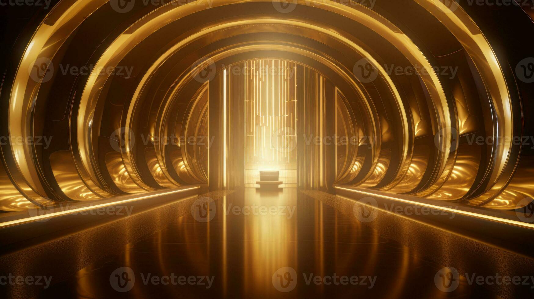 AI generated Empty gold futuristic tunnel. Technology Design. photo