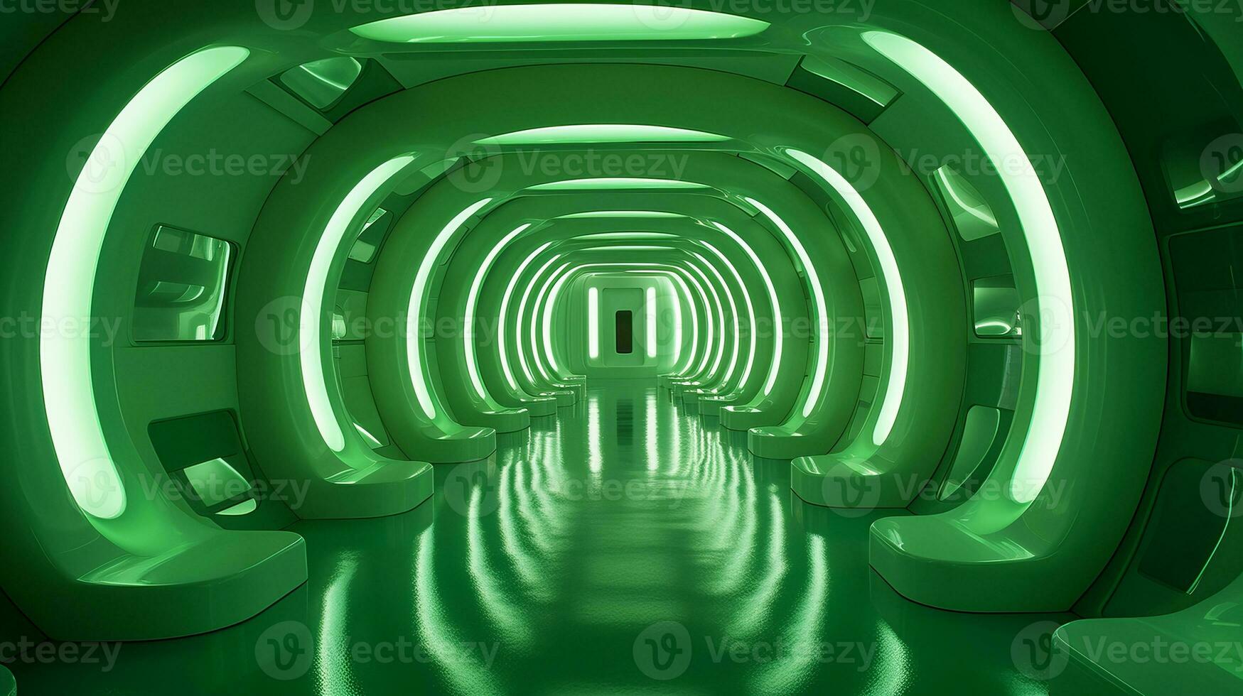 AI generated Empty green futuristic tunnel. Technology Design. photo