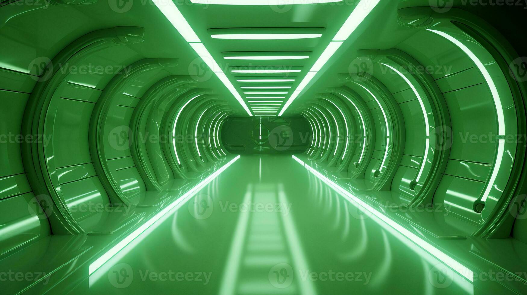 AI generated Empty green futuristic tunnel. Technology Design. photo