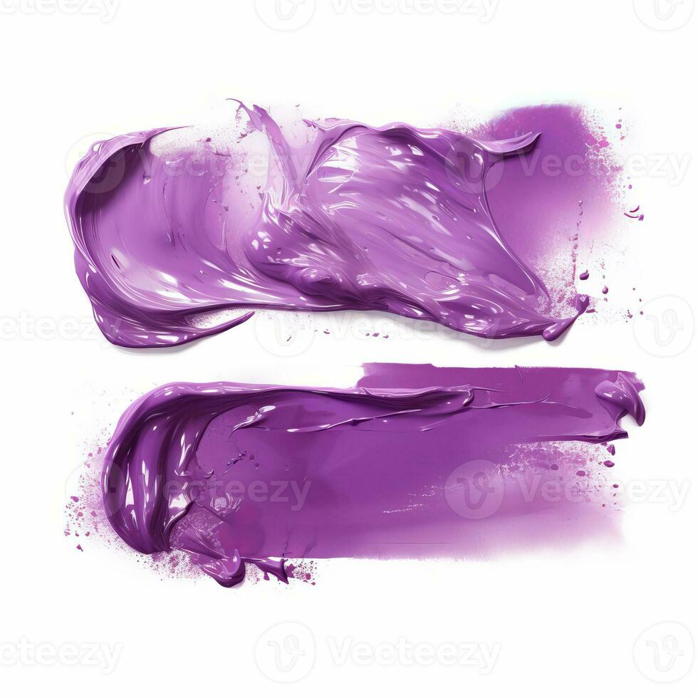 AI generated Purple cosmetics lipstick smear. Cream makeup texture. Top view of cream smears on white background. photo