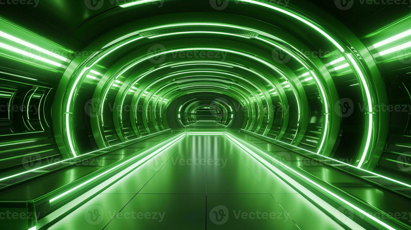 AI generated Empty green futuristic tunnel. Technology Design. photo