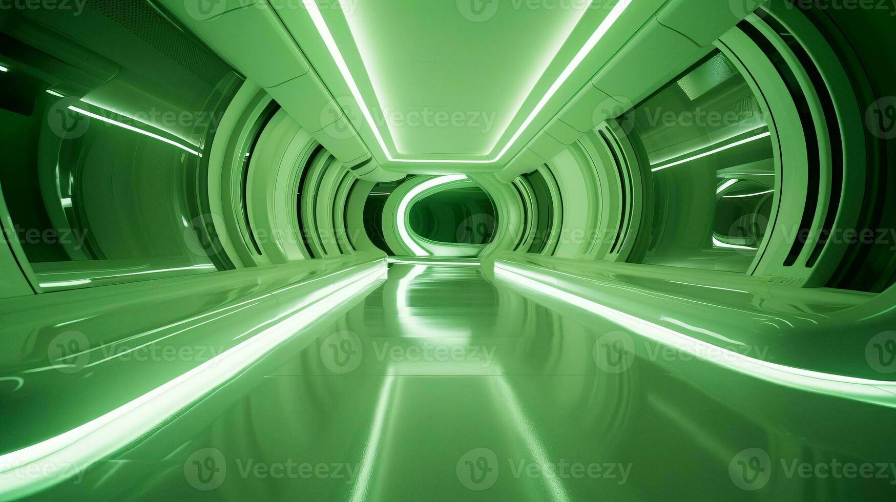AI generated Empty green futuristic tunnel. Technology Design. photo