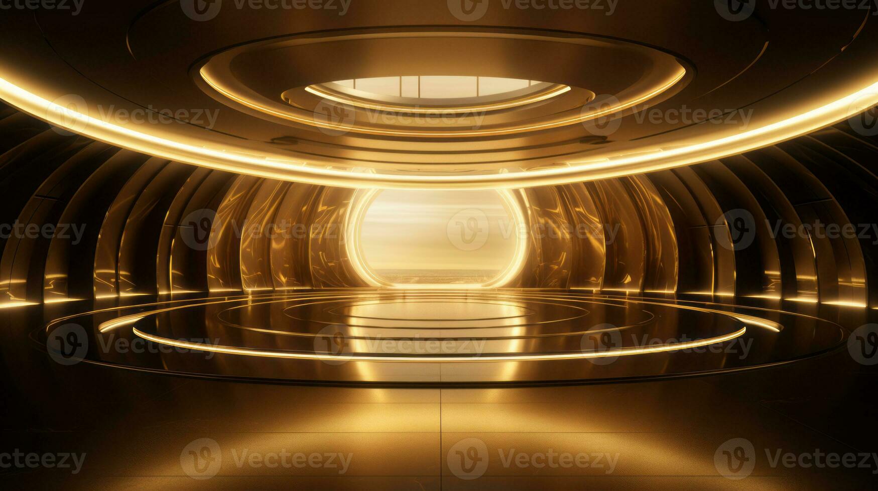 AI generated Empty gold futuristic tunnel. Technology Design. photo