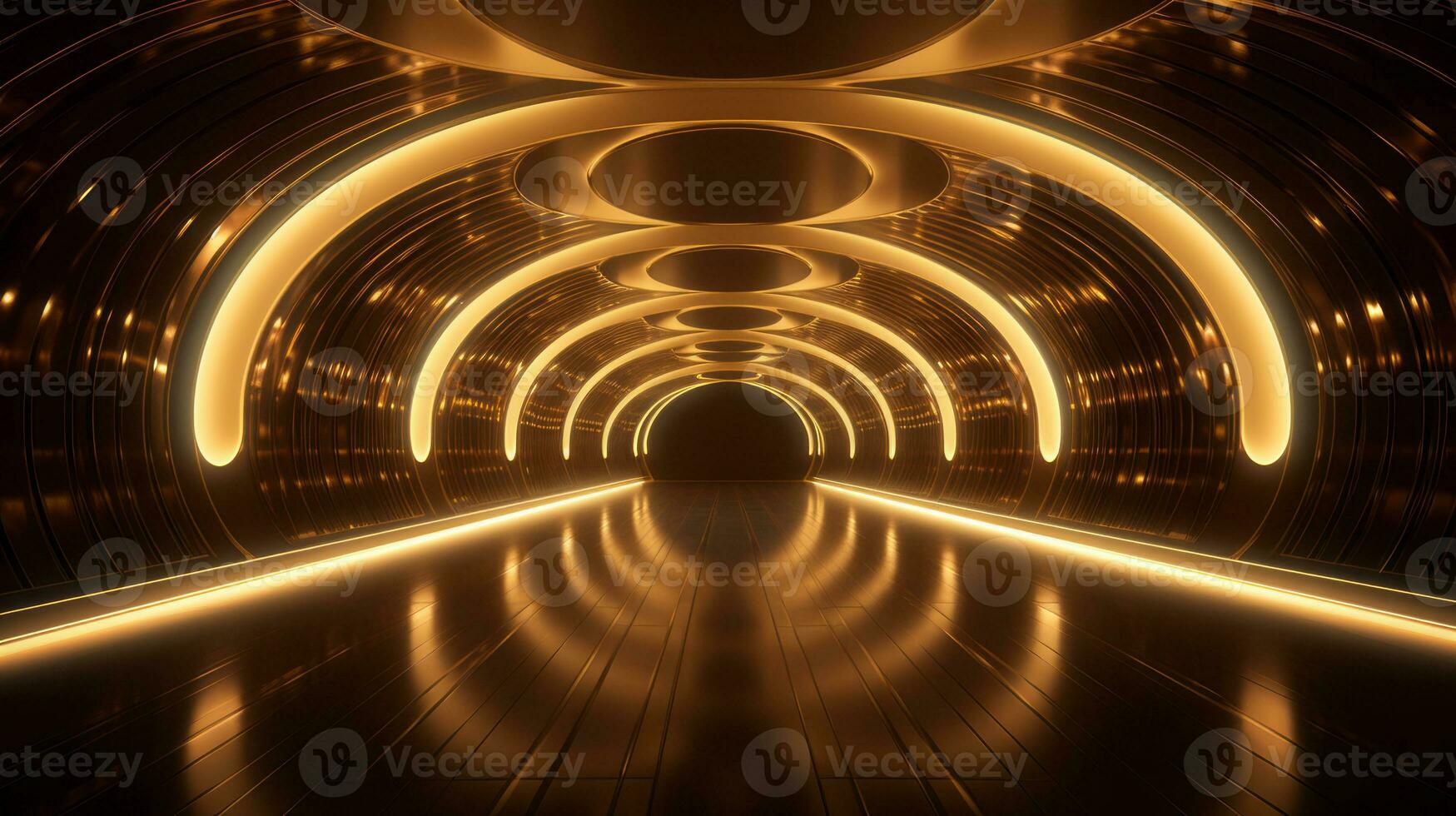 AI generated Empty gold futuristic tunnel. Technology Design. photo
