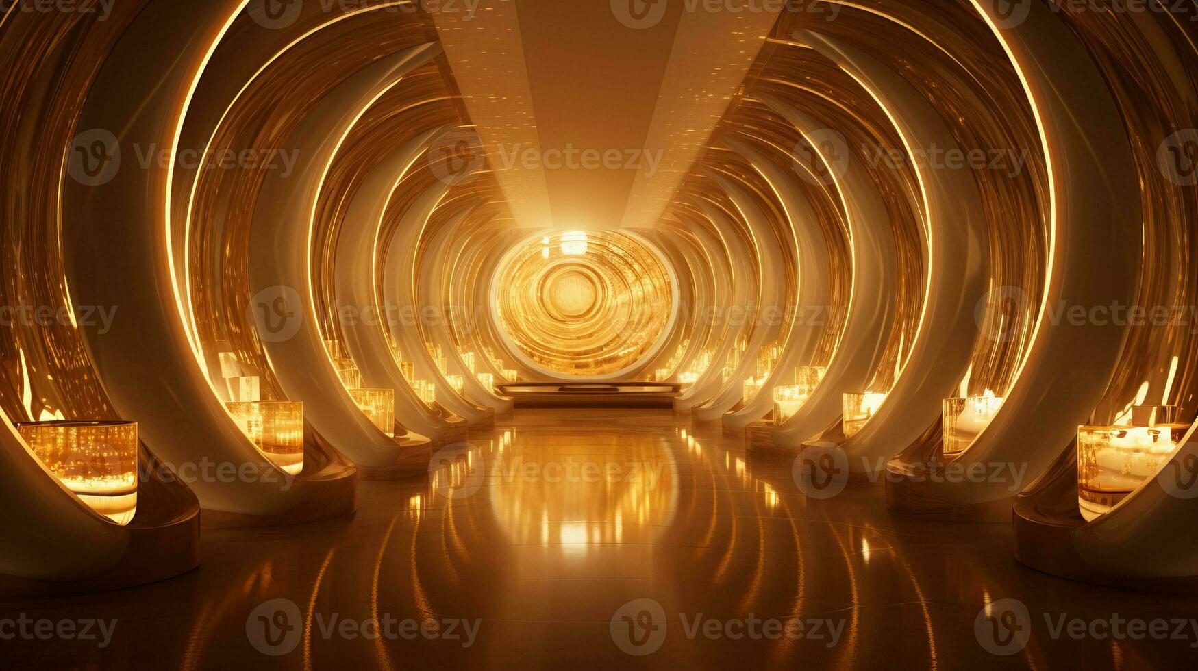 AI generated Empty gold futuristic tunnel. Technology Design. photo