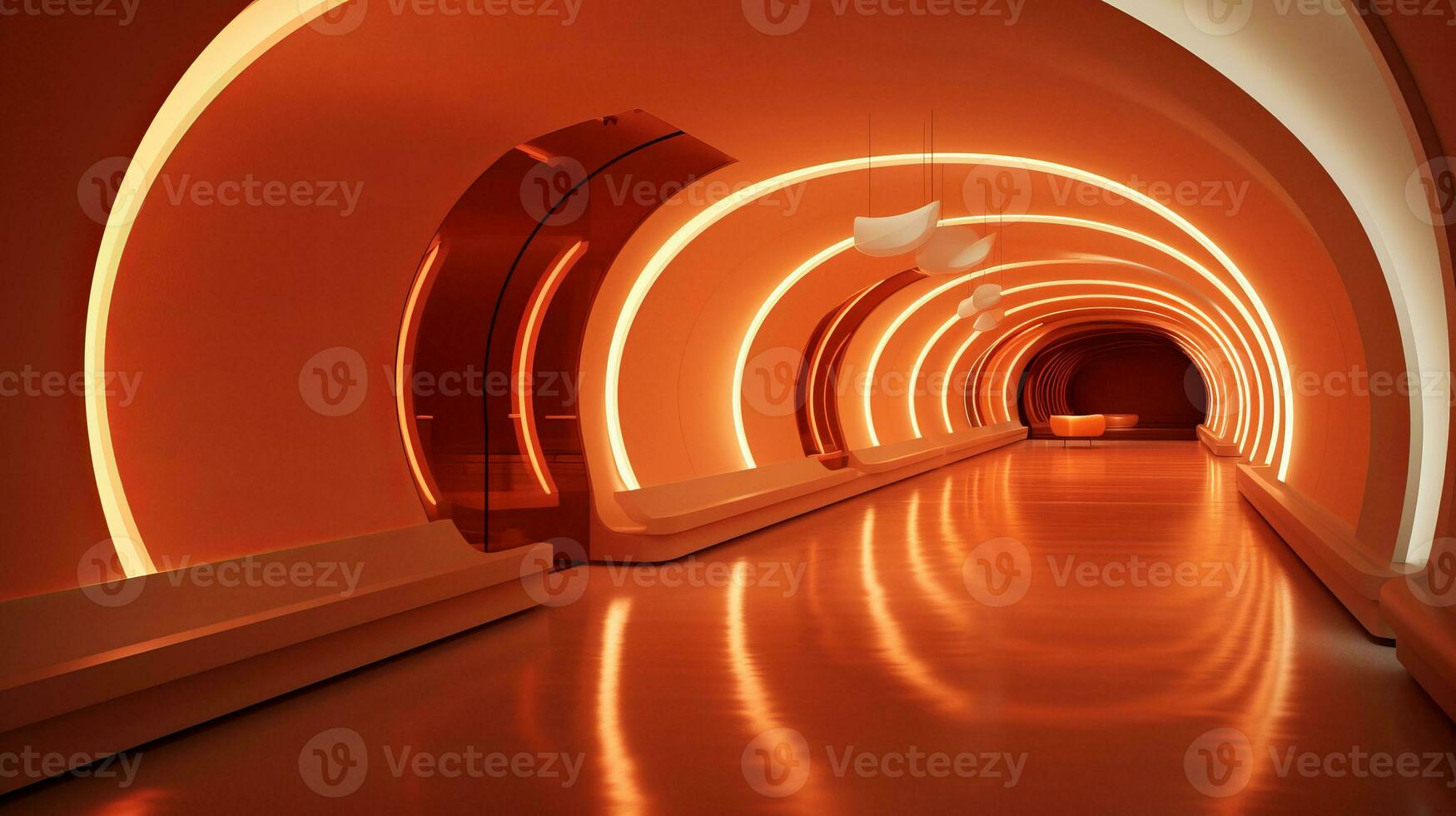 AI generated Empty orange futuristic tunnel. Technology Design. photo