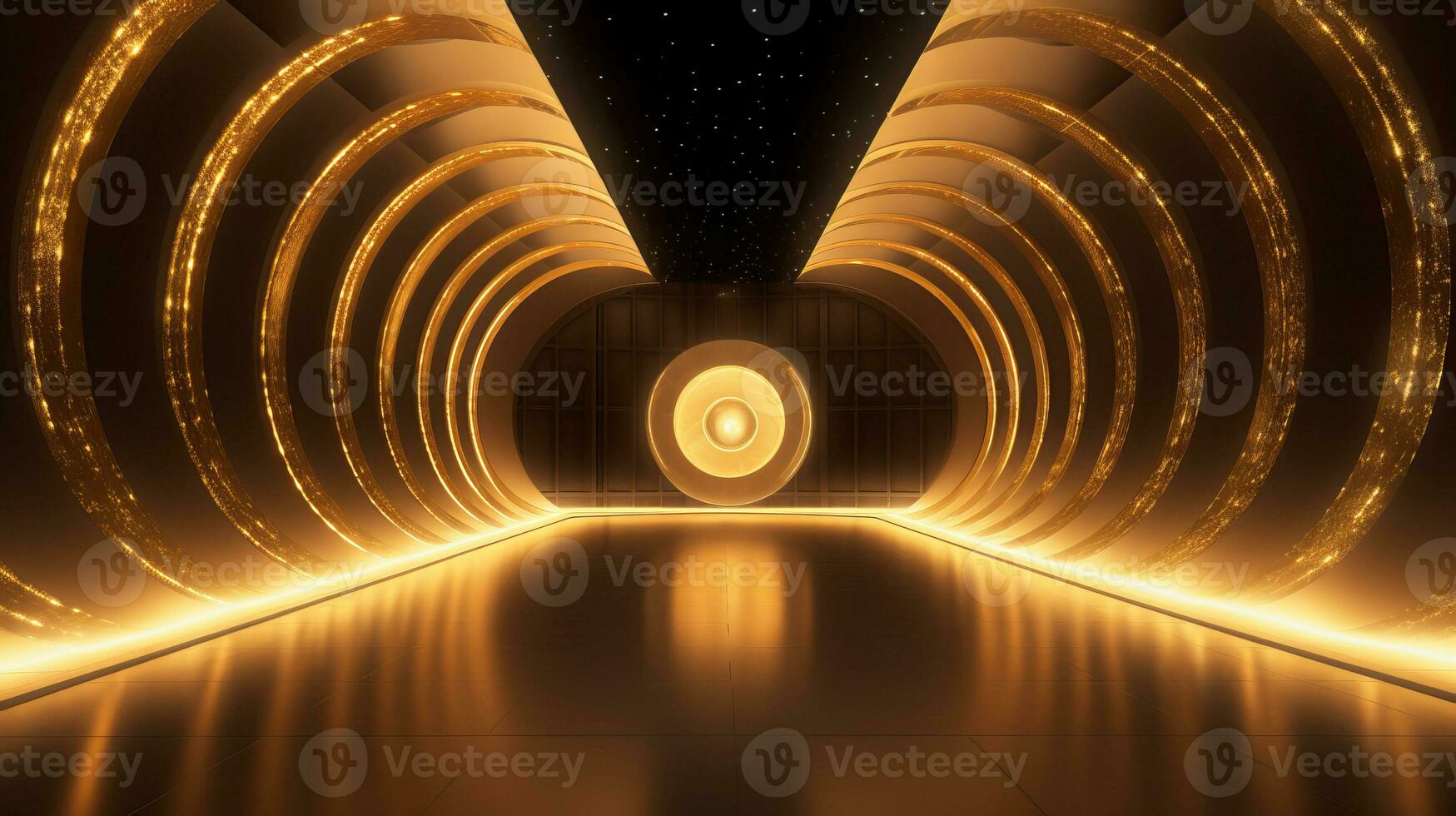 AI generated Empty gold futuristic tunnel. Technology Design. photo