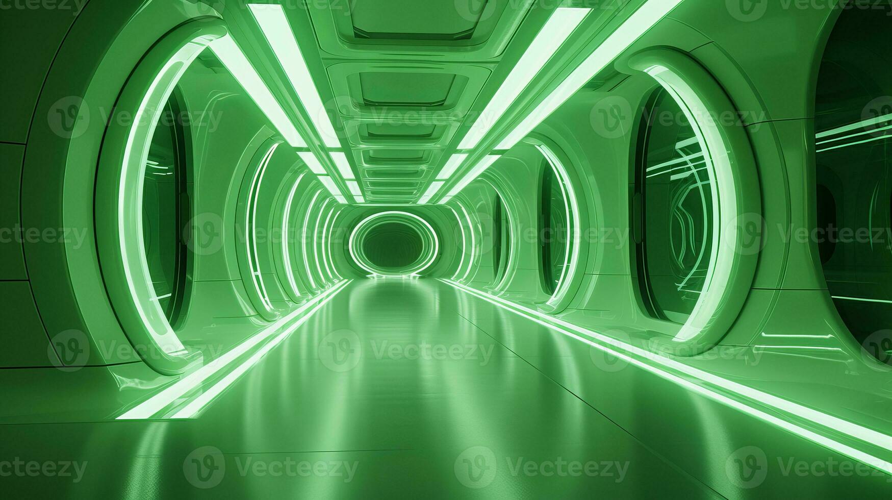 AI generated Empty green futuristic tunnel. Technology Design. photo