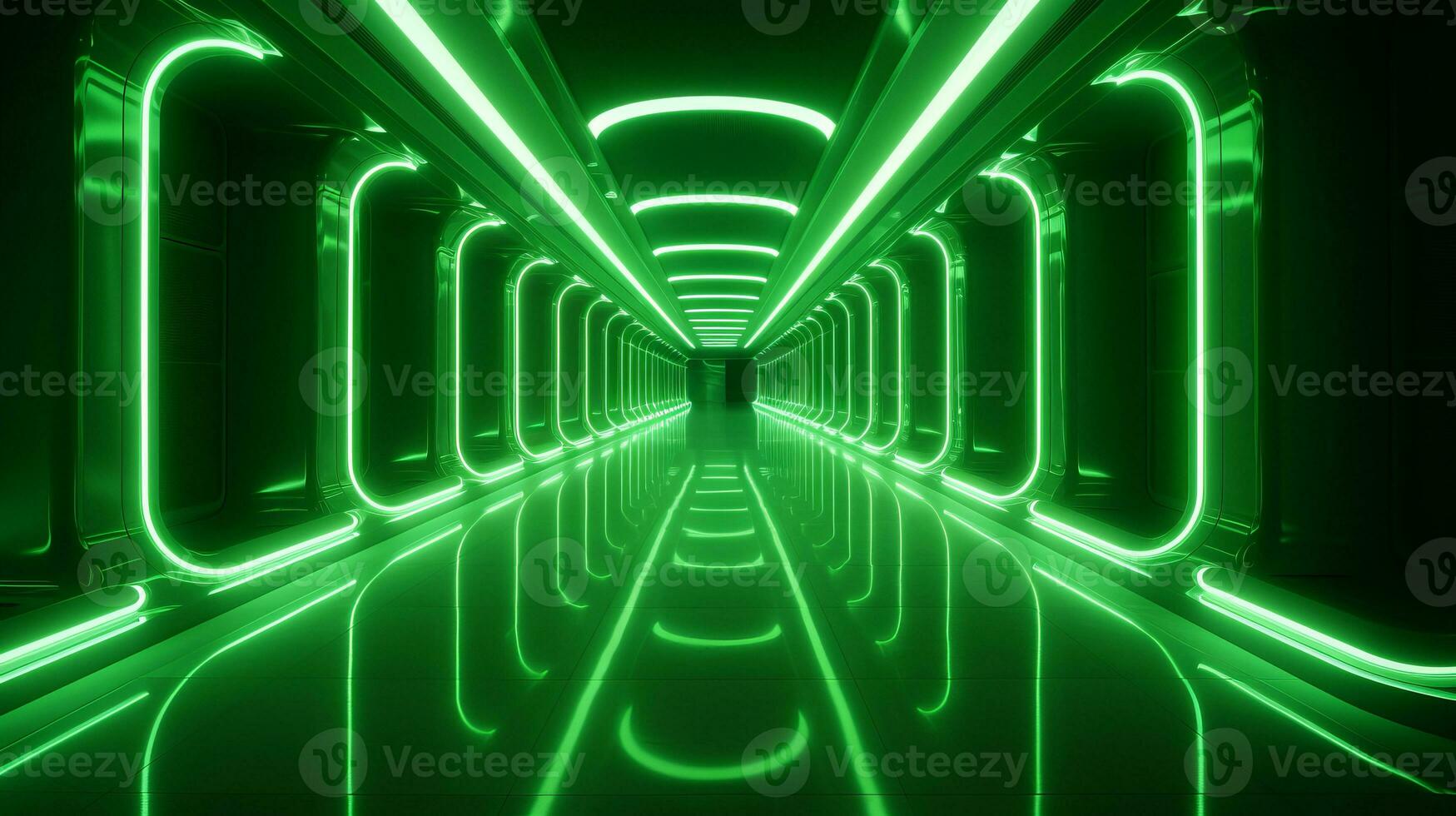 AI generated Empty green futuristic tunnel. Technology Design. photo