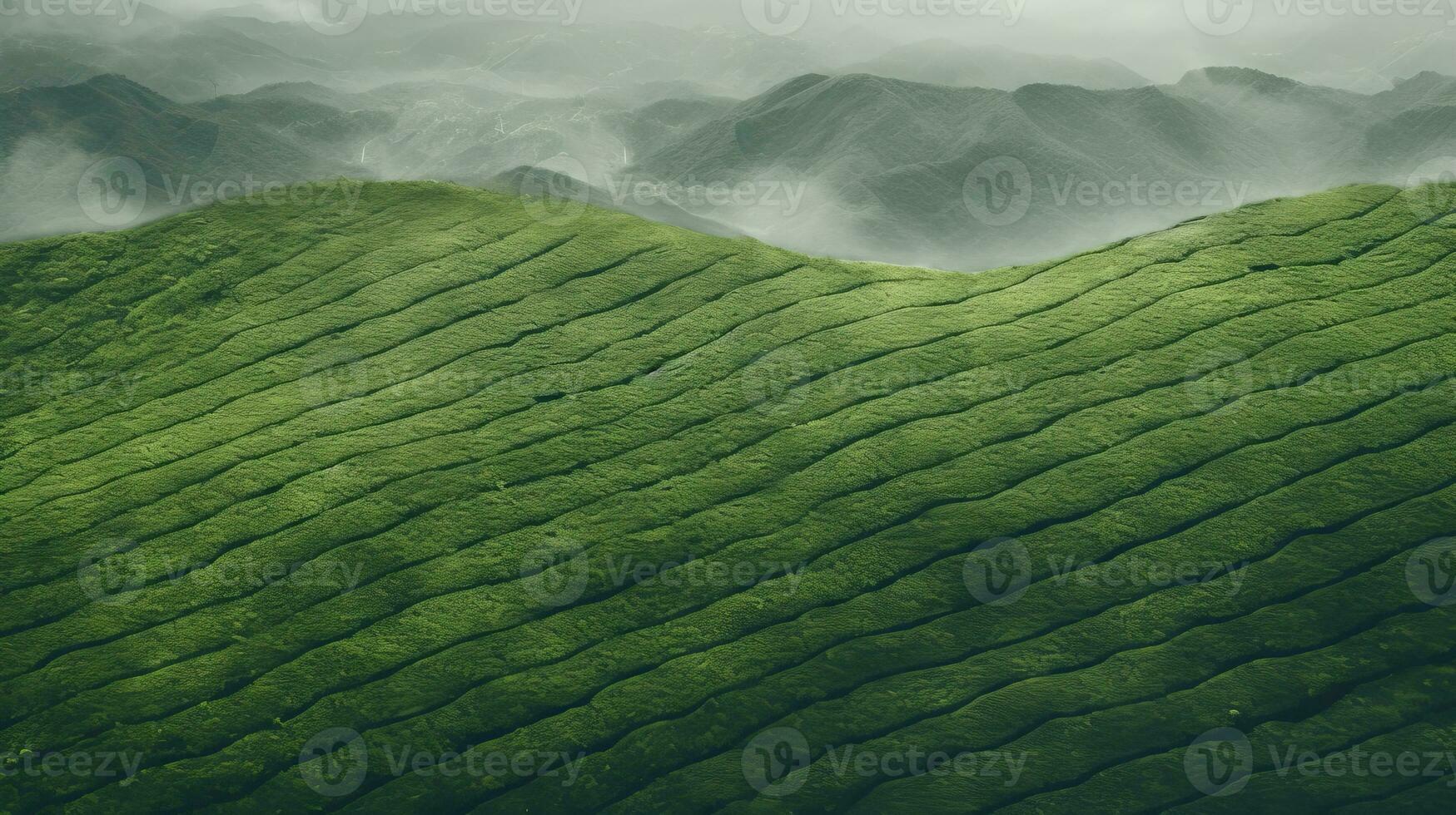 AI generated Green tea plantation, top view texture photo