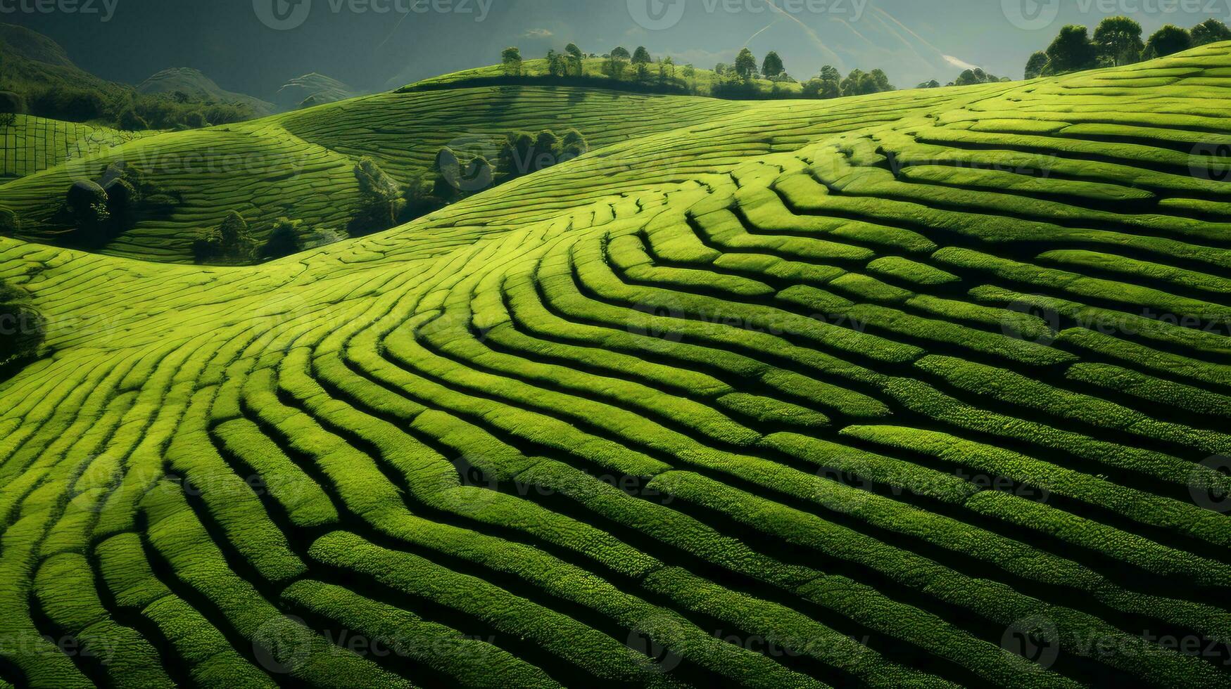 ai generado verde té plantación, parte superior ver textura foto