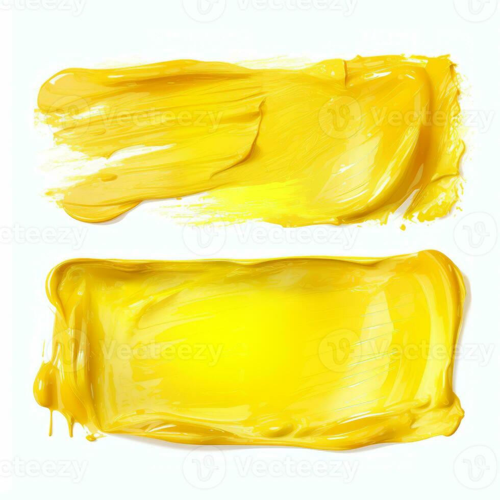 ai generado amarillo frotis y textura de lápiz labial. crema maquillaje textura. parte superior ver de crema frotis en blanco antecedentes. foto