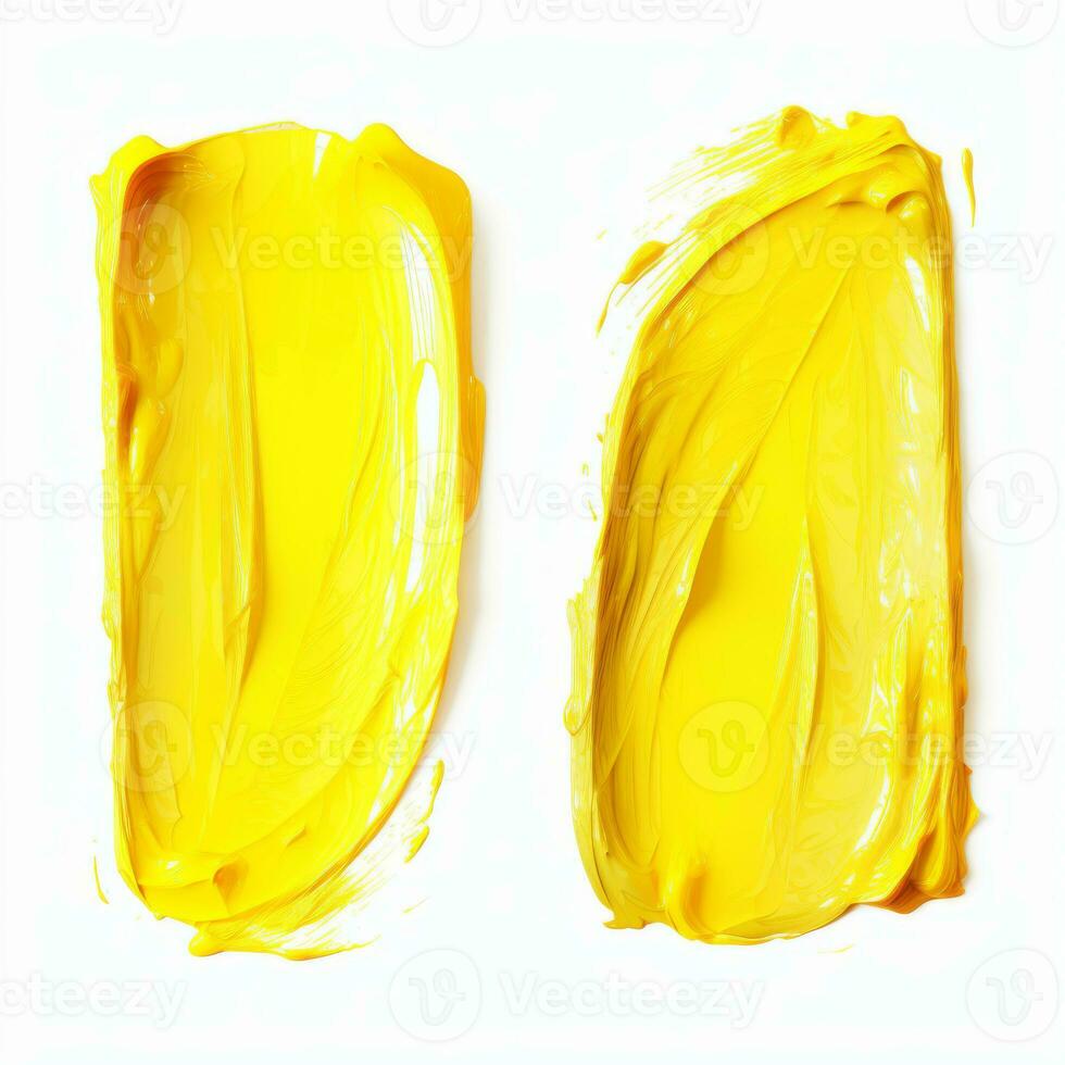AI generated Yellow smear and texture of lipstick. Cream makeup texture. Top view of cream smears on white background. photo