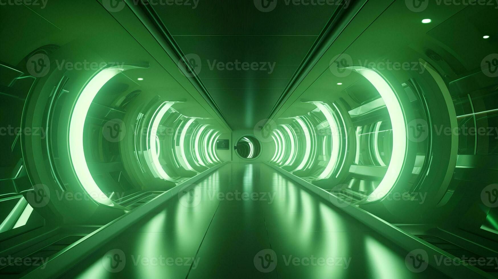 AI generated Empty green futuristic tunnel. Technology Design. photo