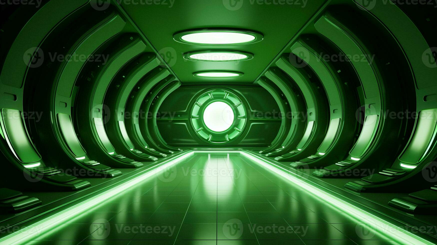 AI generated Empty green futuristic tunnel. Technology Design. photo