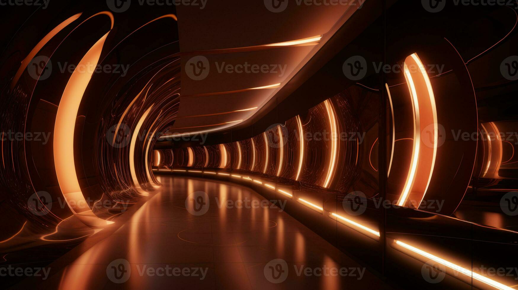 AI generated Empty gold futuristic tunnel. Technology Design. photo