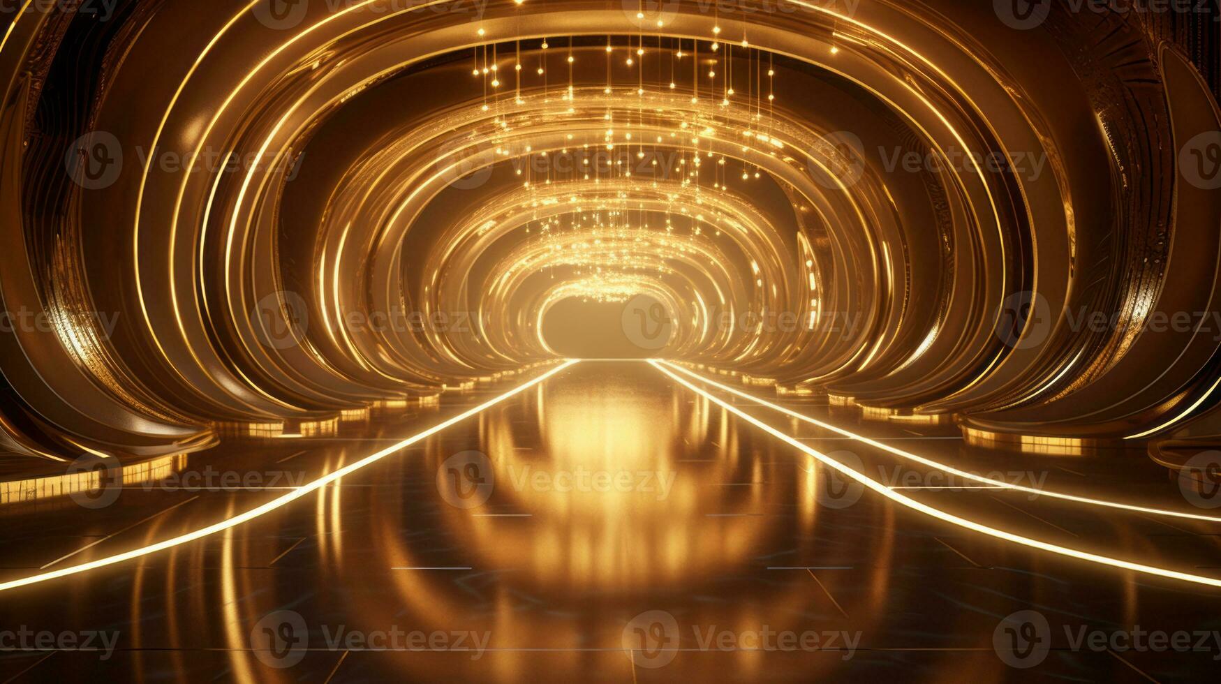 AI generated Empty gold futuristic tunnel. Technology Design. photo