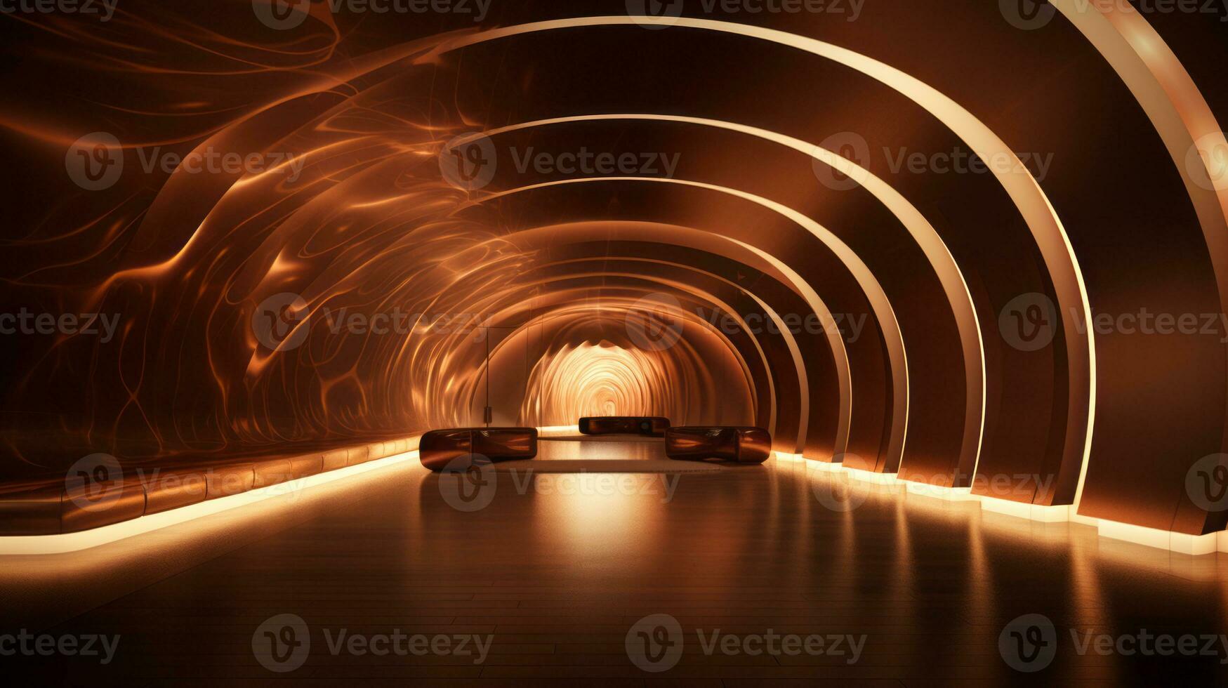 AI generated Empty gold futuristic tunnel. Technology Design. photo