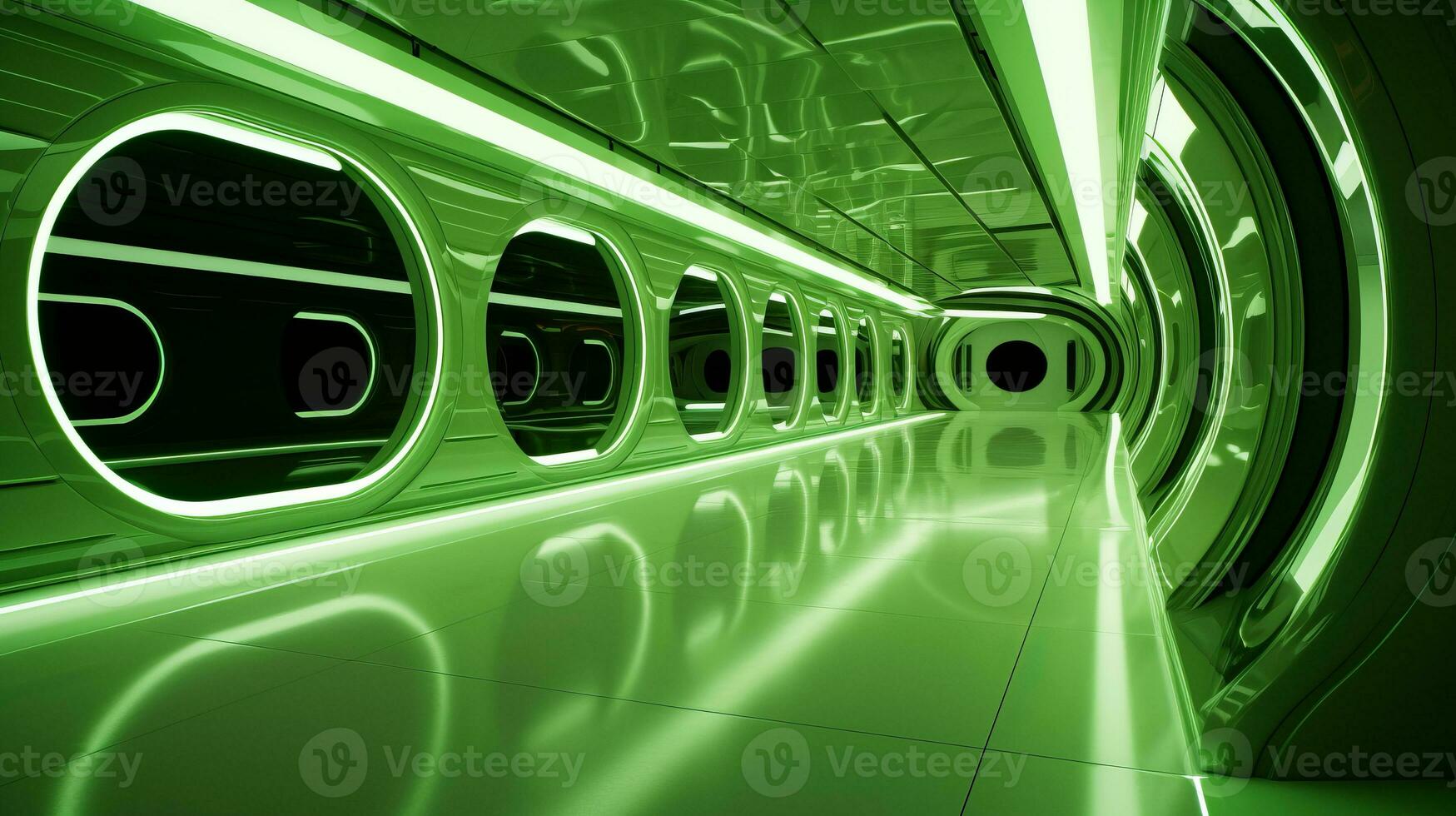 AI generated Empty green futuristic tunnel. Technology Design. photo