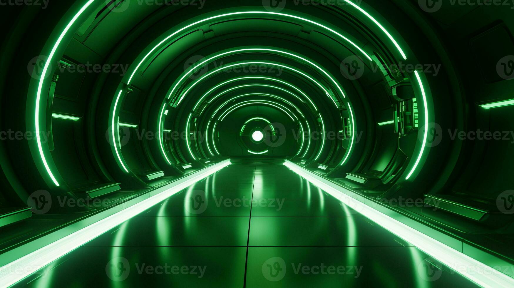 AI generated Empty green futuristic tunnel. Technology Design. photo