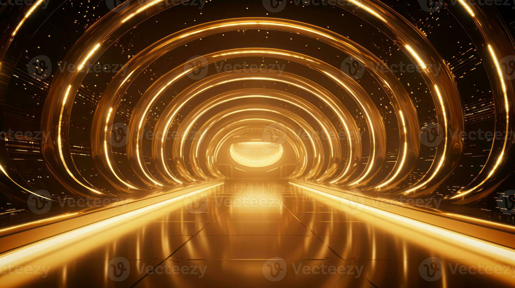 AI generated Empty gold futuristic tunnel. Technology Design. photo