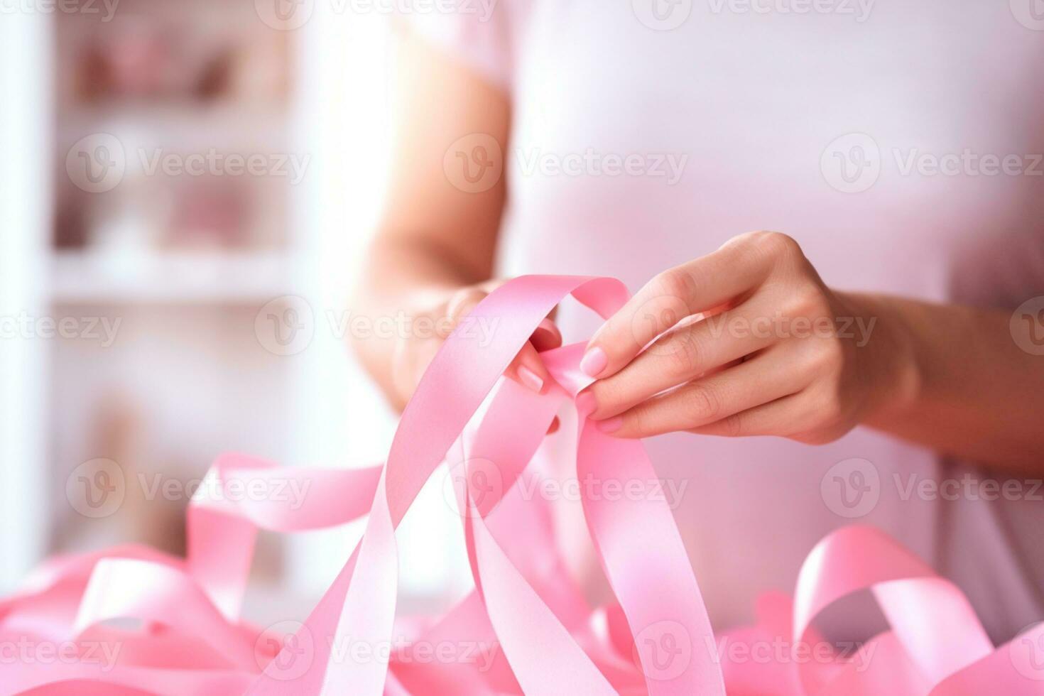 A powerful gesture of solidarity- a woman delicately weaves a pink ribbon, remembering the importance of early detection of breast cancer. Prevention is our shield against breast cancer. AI Generative photo