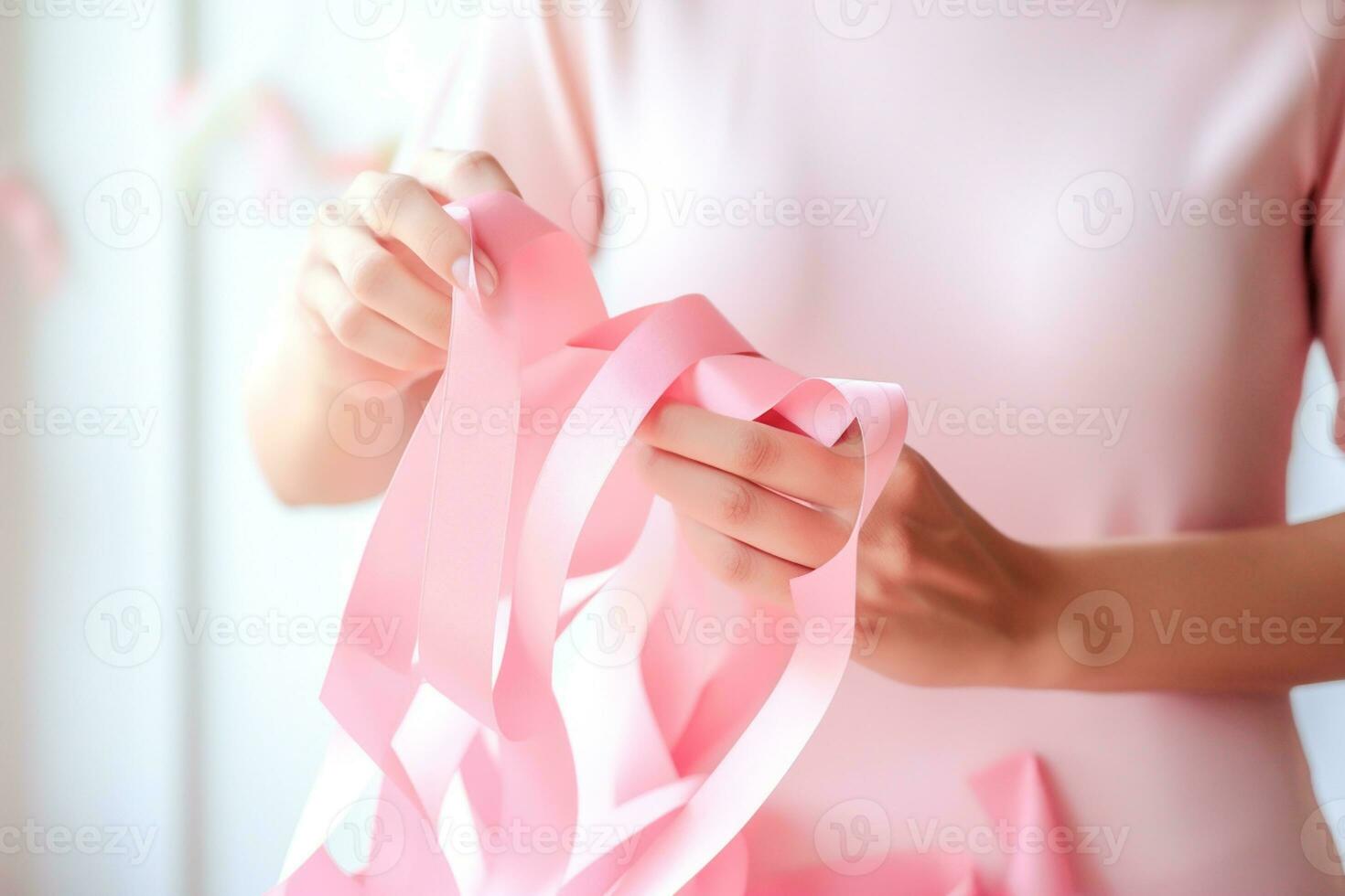 Pink October - Dedicated woman, lovingly weaving a pink ribbon, a symbol of awareness for the early detection of breast cancer. Together, we are stronger. We will beat breast cancer. AI Generative photo