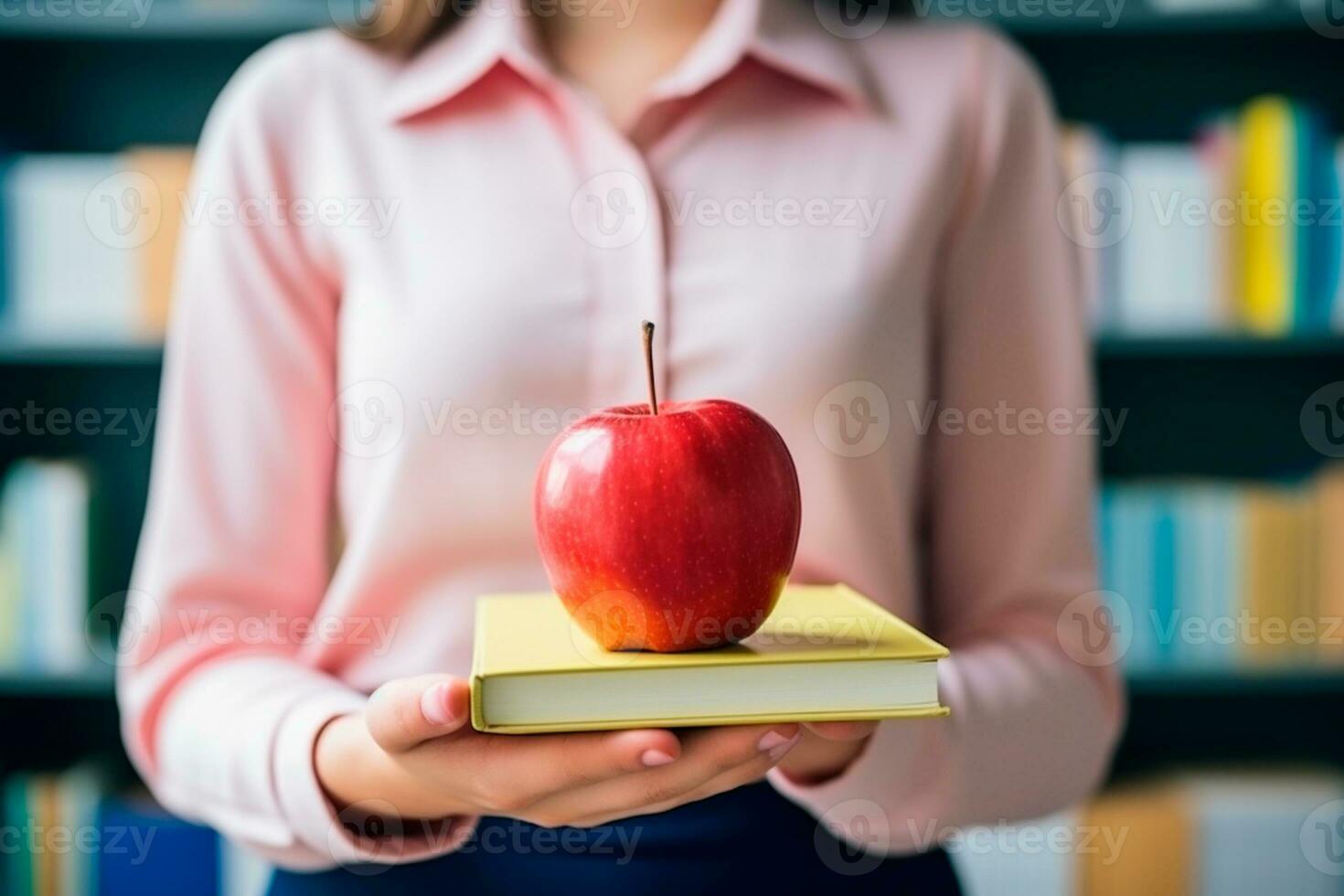 Teachers Day - Teacher holding an apple over a gift received from students on Teachers Day. AI Generative photo