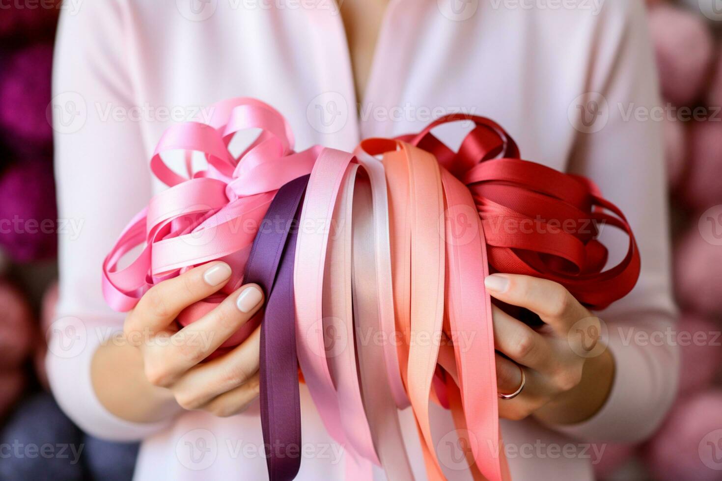 rosado octubre - mujer participación cintas en rosado tonos, un símbolo de conciencia para el temprano detección de pecho cáncer.juntos, nosotros son más fuerte. nosotros será golpear pecho cáncer ai generativo foto