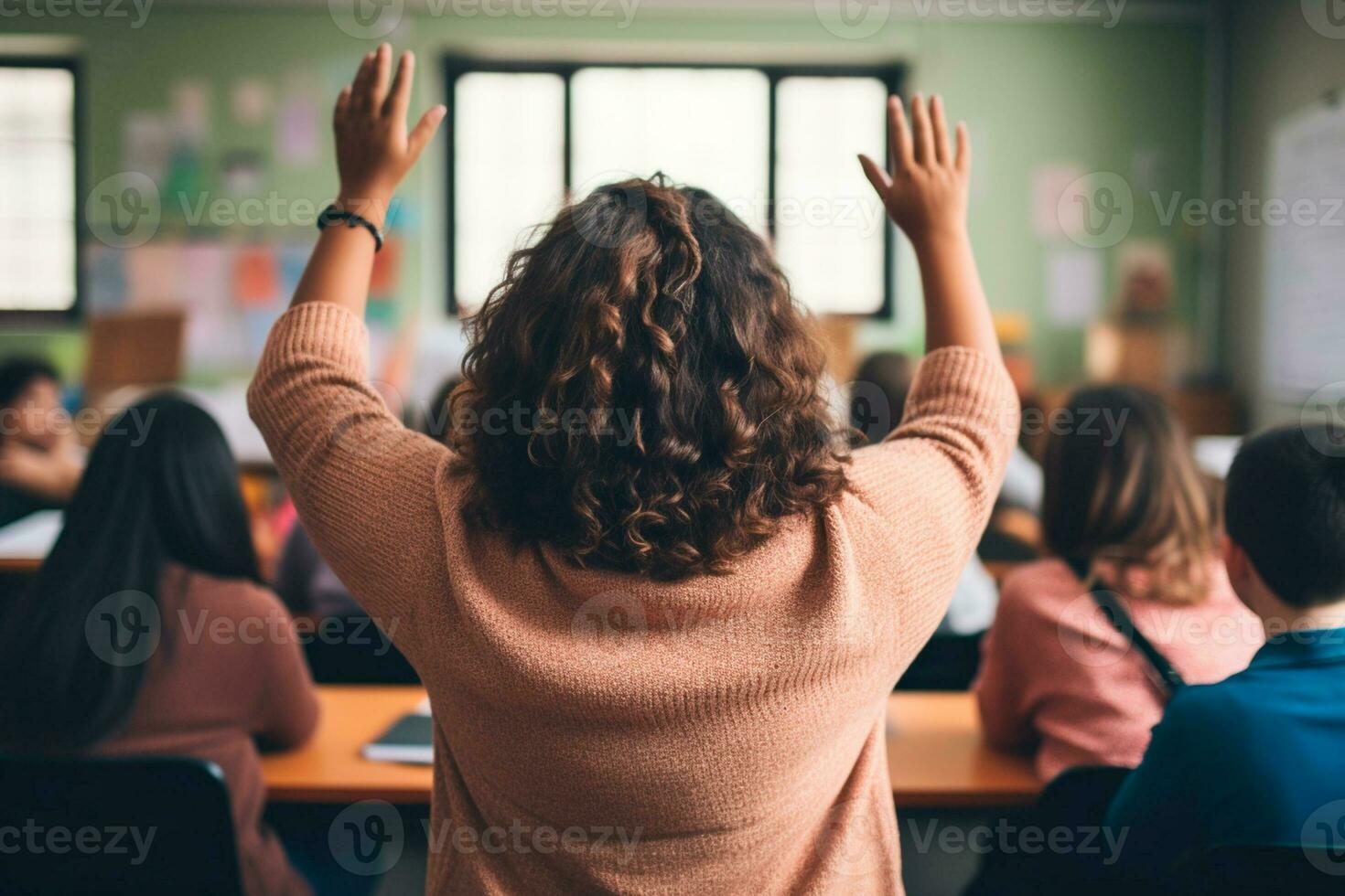 Teachers Day - Happy teacher with raised hand, inspiring students in the classroom. Teachers Day is a reminder of the lasting impact they have on our lives. AI Generative photo