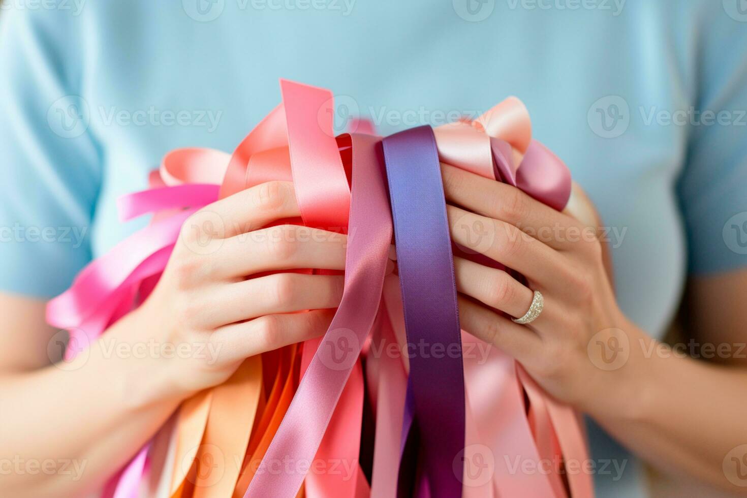 rosado octubre - mujer participación cintas en rosado tonos, un símbolo de conciencia para el temprano detección de pecho cáncer.juntos, nosotros son más fuerte. nosotros será golpear pecho cáncer ai generativo foto