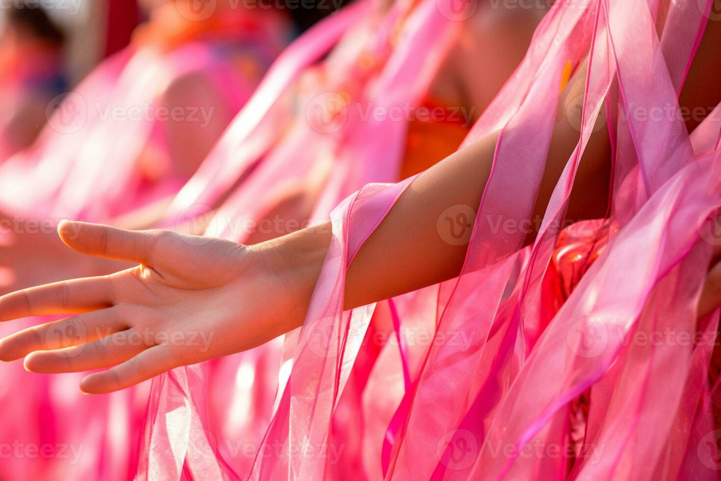 Pink October - Women together with pink ribbons in breast cancer awareness, pink ribbons the emblem of hope. Together, we are stronger. We will beat breast cancer. AI Generative photo