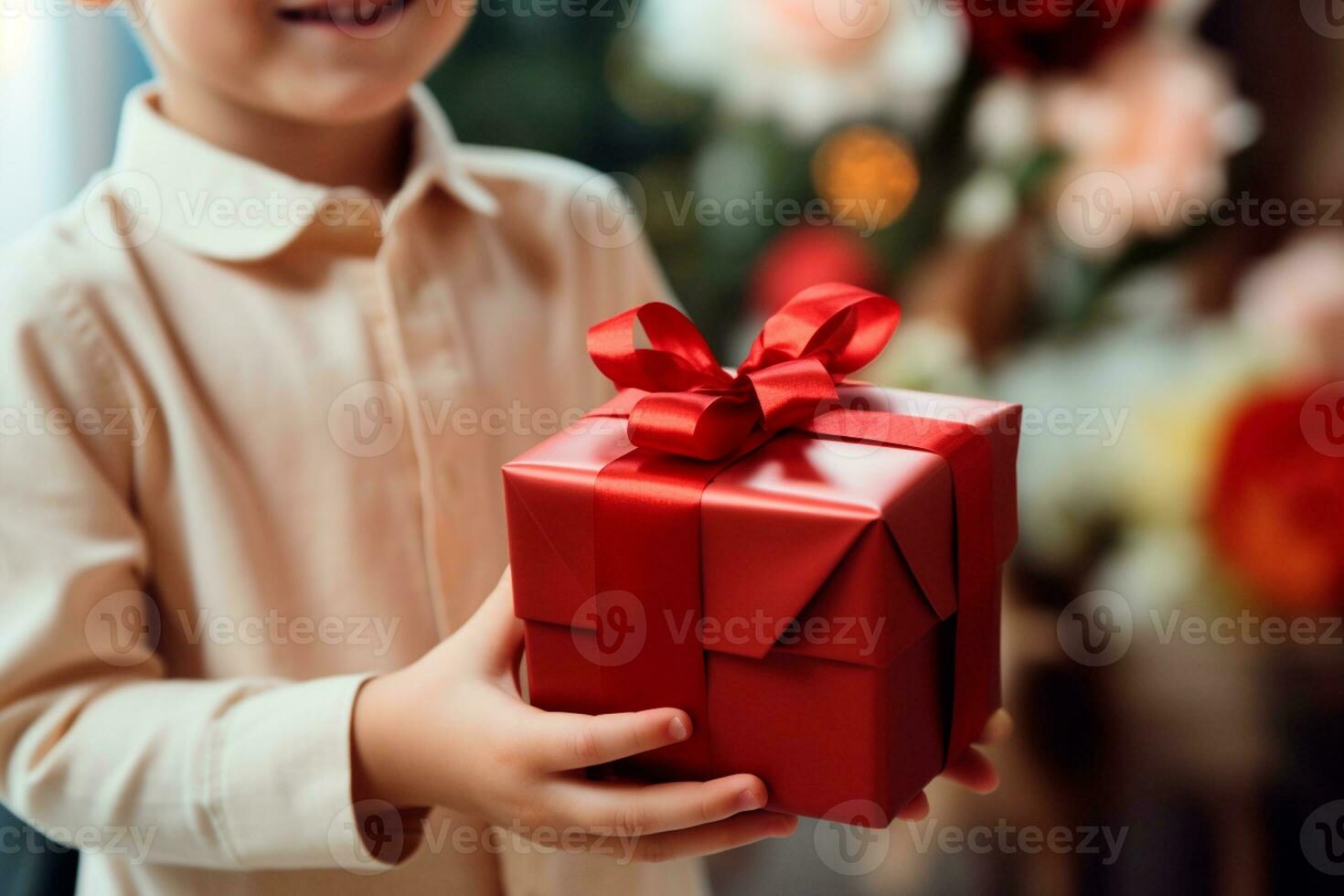 Children's Day - A child receiving or giving a gift. Children's Day is a commemorative date, celebrated every year in honor of children. Each country has a celebration date. AI Generative photo