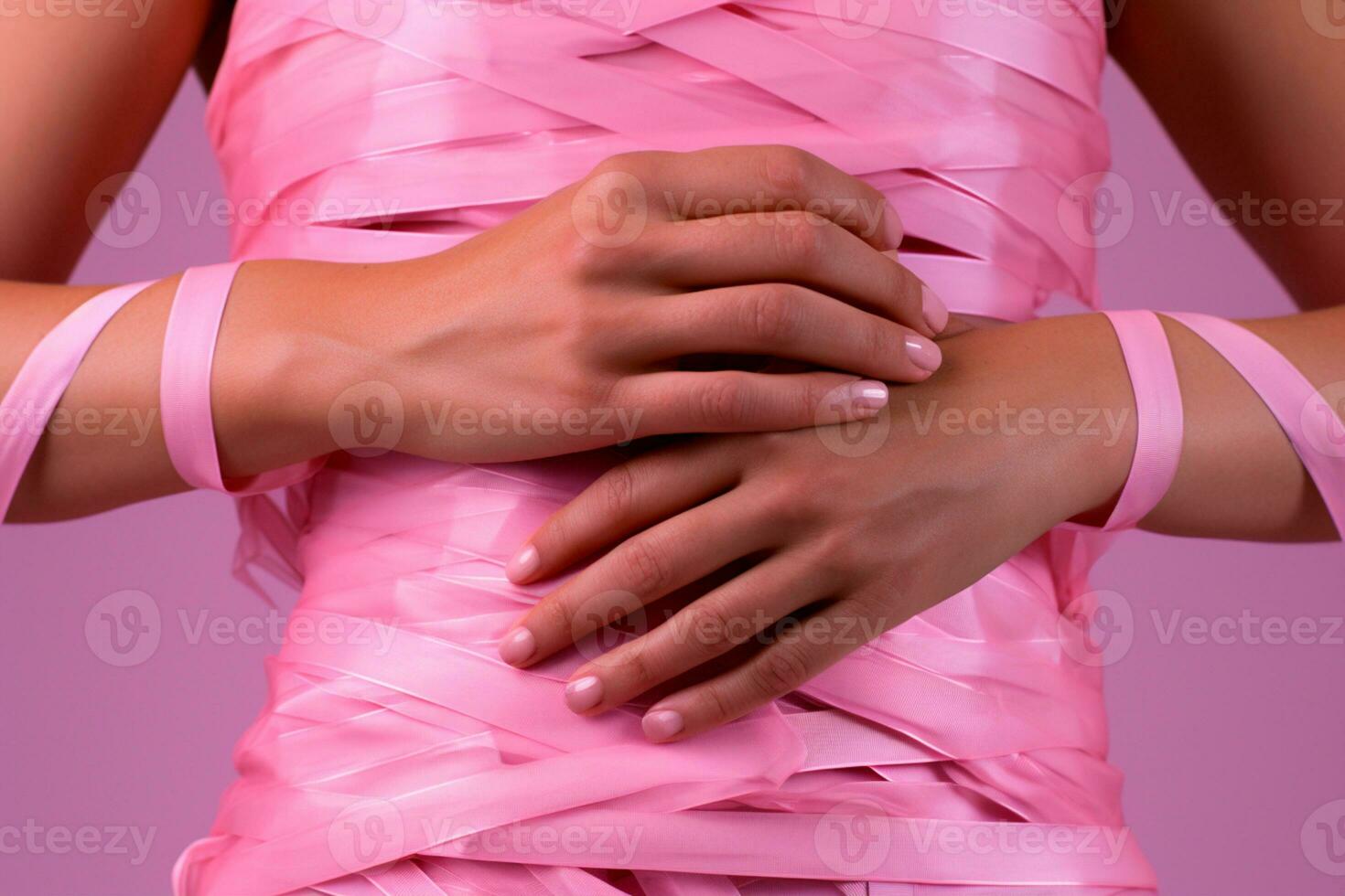 Pink October - Women together with pink ribbons in breast cancer awareness, pink ribbons the emblem of hope. Together, we are stronger. We will beat breast cancer. AI Generative photo