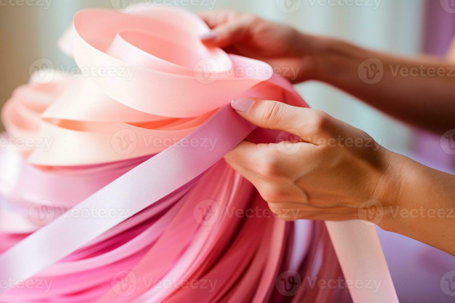 Pink October - Woman holding ribbons in pink tones, a symbol of awareness for the early detection of breast cancer.Together, we are stronger. We will beat breast cancer. AI Generative photo